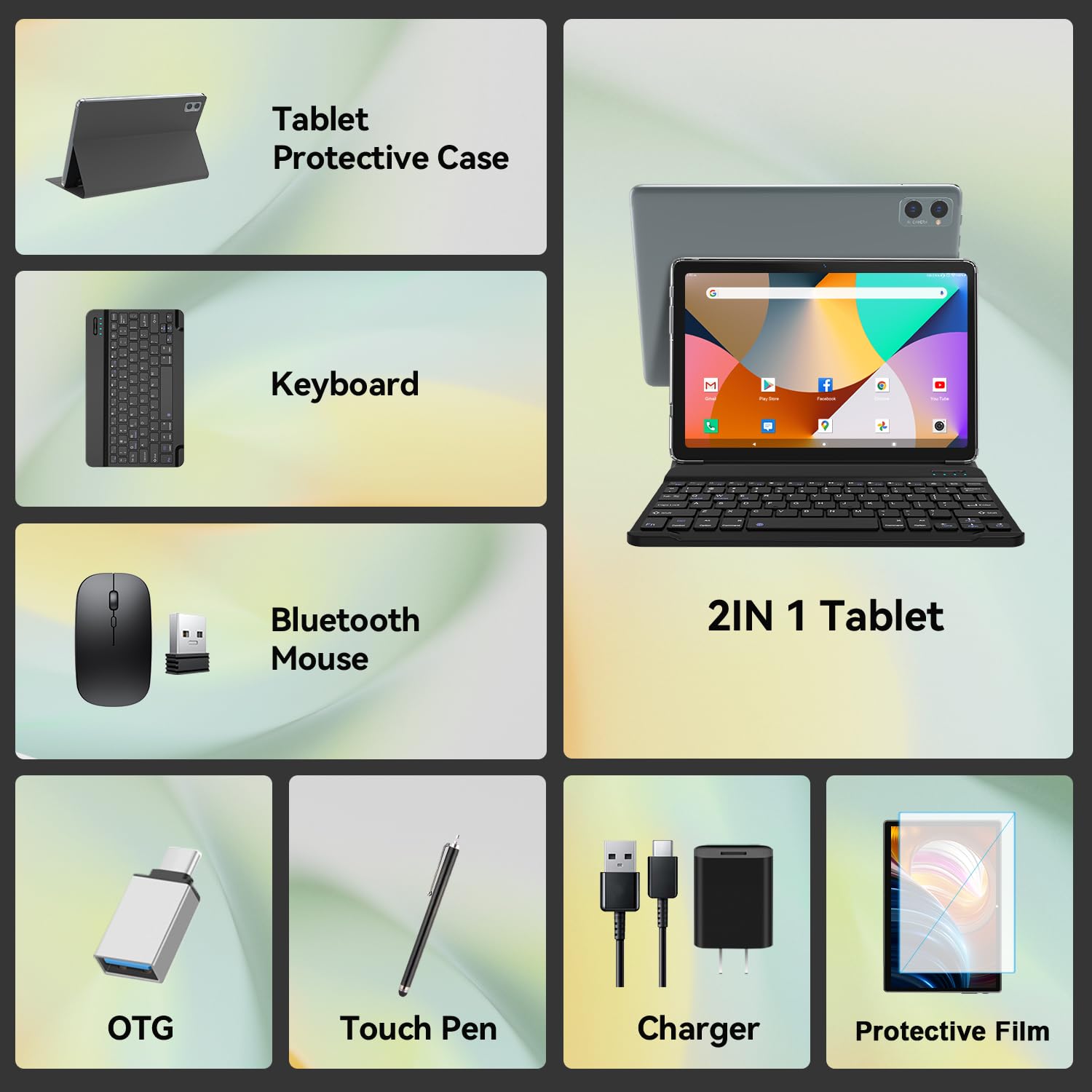 2-in-1 Android Tablet with Keyboard - 10 Inch 128GB Storage, 8GB RAM, 1TB Expandable, Octa-Core Processor, 13+8MP Dual Camera, 5G WiFi, Bluetooth, GPS - Includes Foldable Case, Mouse & Stylus (Gray) - Perfect for Work, Study & Entertainment