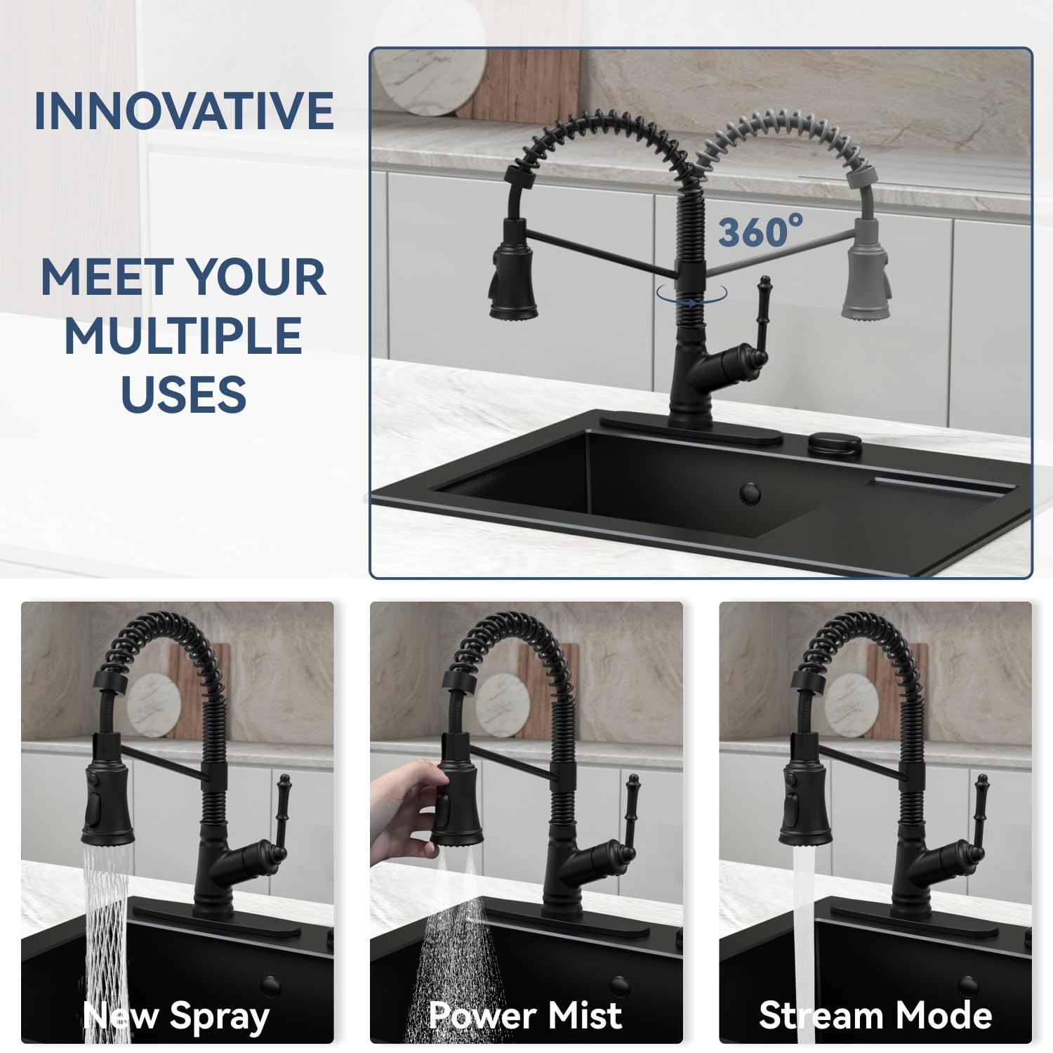 Matte Black Single Handle Pull Down Kitchen Faucet for Modern Kitchens