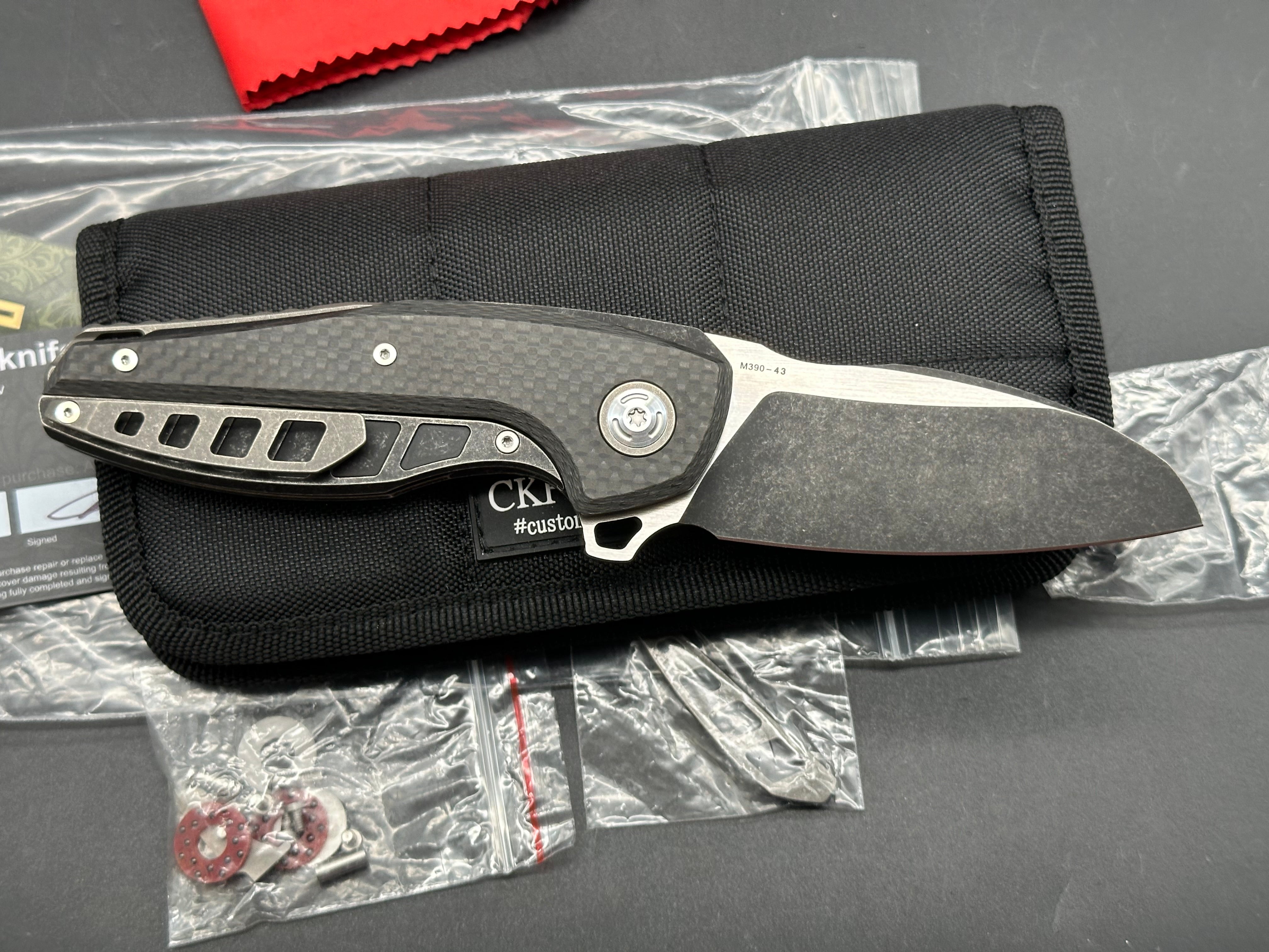 CKF Aich #43 Folding Knife - Two Tone Black Stonewashed & Hand Rubbed Satin M390 Blade - EDC Pocket Knife for Outdoor, Camping, and Everyday Carry