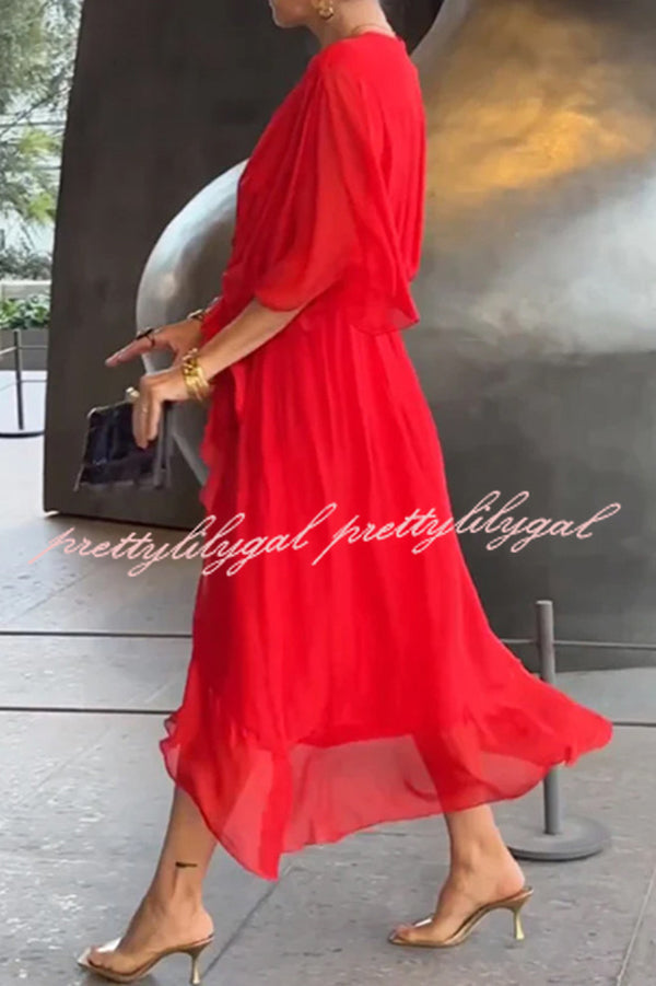 Elegant Solid Color V-Neck Batwing Sleeve Lace-Up Asymmetrical Hem Midi Dress for Women | Party, Cocktail, Wedding & Evening Occasions