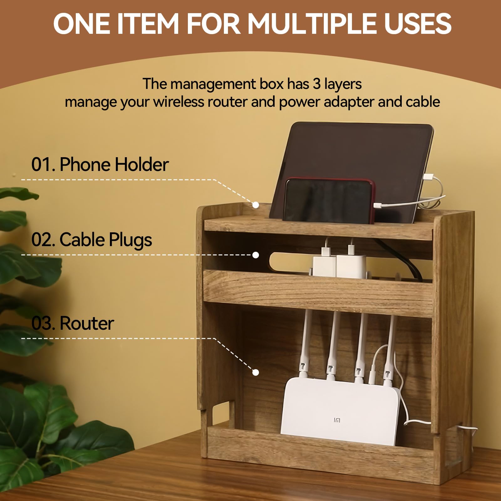 KIRIGEN Wooden WiFi Router Organizer with Cable Management - Wireless Router Storage Box & Power Cord Shelf for Home Office - Dark Brown LYQ-DBR - Perfect for Desk Organization and Neat Cable Setup