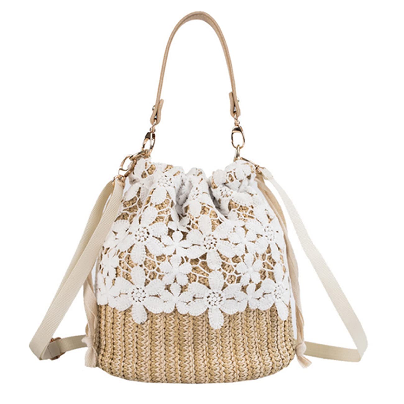 Women's Straw Bucket Bag - Fashion Beach Drawstring Hobo Shoulder Handbag - Lightweight Summer Purse for Travel, Shopping & Outdoor Activities