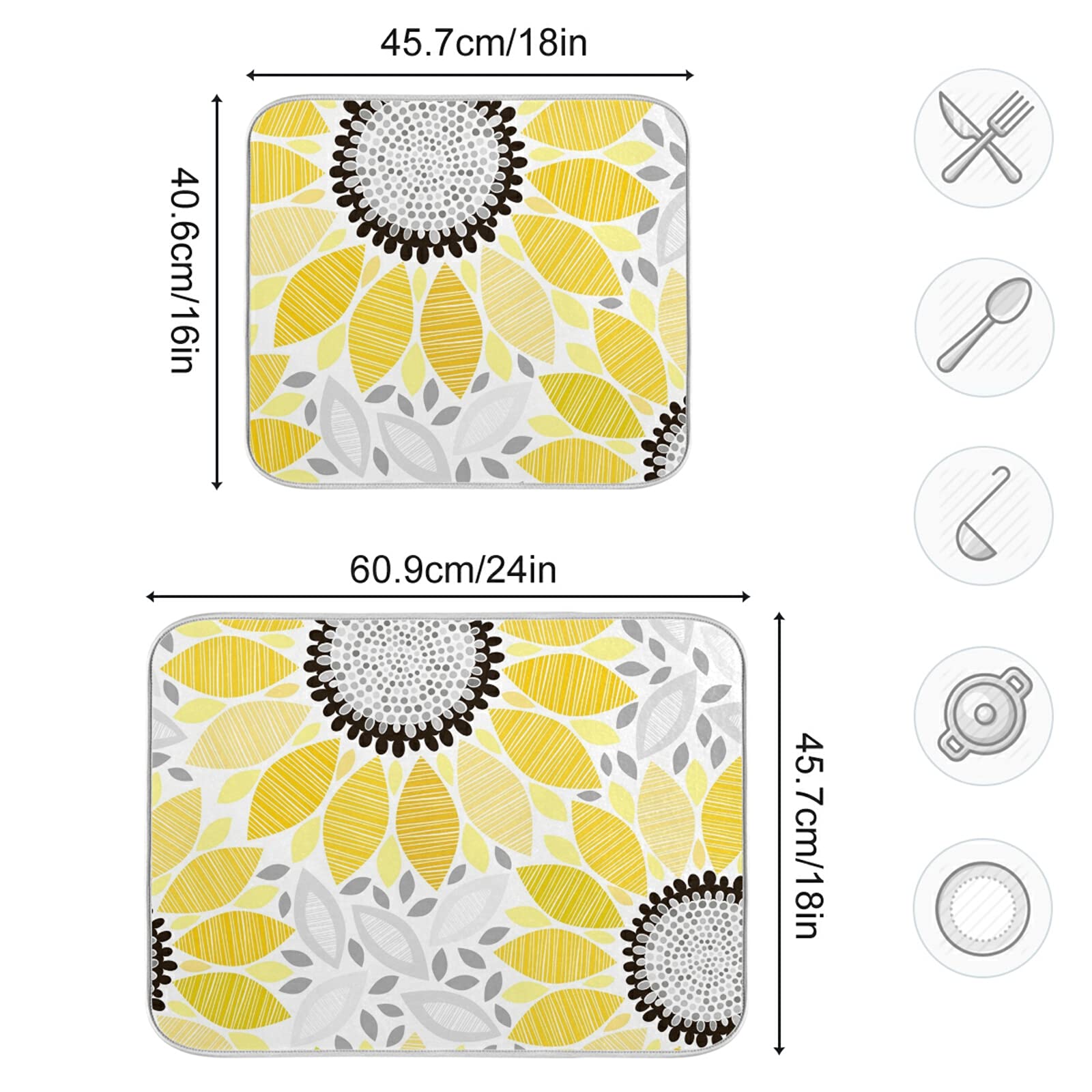 Absorbent Sunflower Dish Drying Mat 18x24 Inch - Non-Slip Kitchen Counter Drying Pad for Plates, Cups & Utensils | Perfect for Kitchen Countertops, Sink Areas & Dish Racks