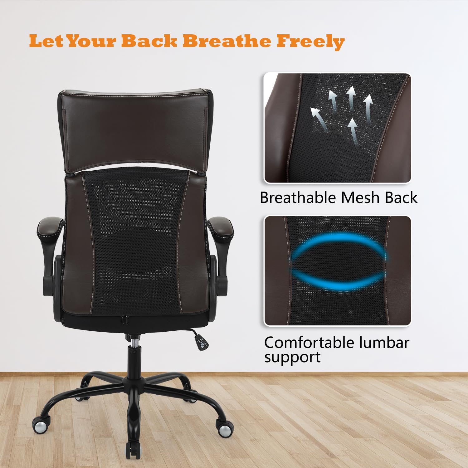 Ergonomic Home Office Chair with Adjustable Lumbar Support & Headrest - PU Leather Executive Desk Chair for Computer Work, Gaming & Study - Height Adjustable with Armrests - Perfect for Remote Work & Online Classes (Brown)