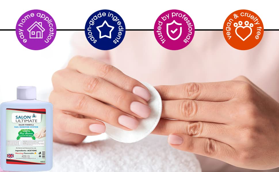 SALON ULTIMATE Professional 100% Pure Acetone Nail Polish Remover - Fast Acting Formula for UV/LED Gel, Acrylic Nails, Tips & Glue (100ml, Transparent) | Perfect for Salon & Home Manicure/Pedicure Care