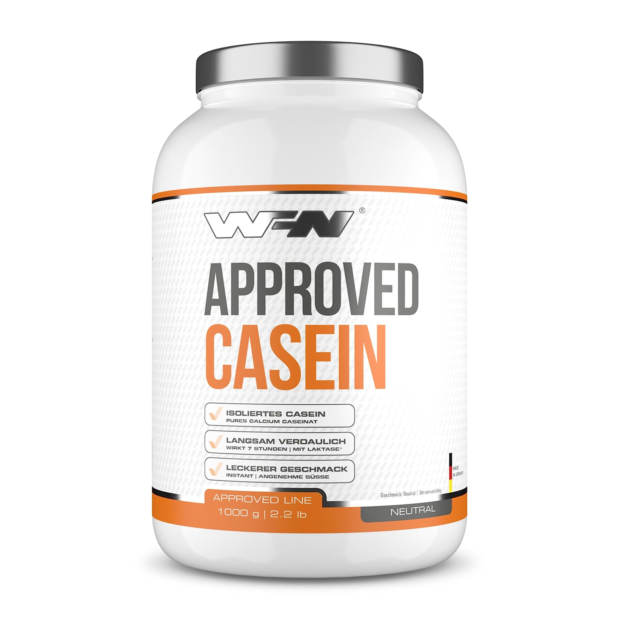 WFN Approved Casein Protein Powder - Neutral Flavor, No Sweeteners - 1kg (33 Servings) - Highly Soluble for Creamy Shakes - Lab Tested & Made in Germany | Perfect for Post-Workout Recovery & Nighttime Protein Supplement