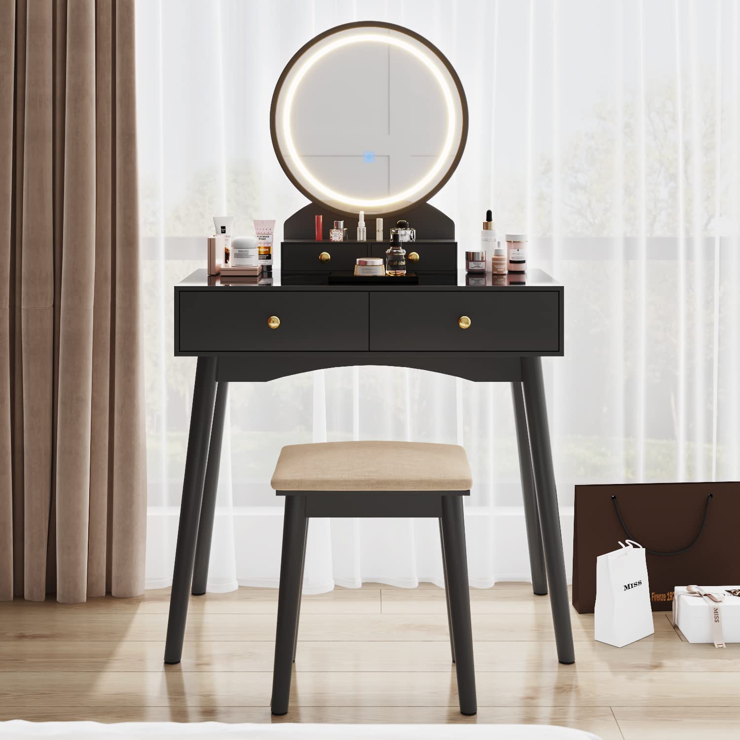 Furmax Modern Vanity Desk with LED Lighted Mirror, Makeup Vanity Table Set with Soft Cushioned Stool & 4 Storage Drawers - Adjustable Brightness, 3 Color Options (Black) | Perfect for Bedroom, Dressing Room & Home Beauty Station