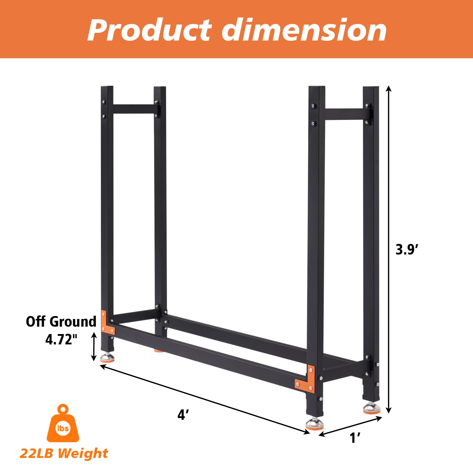 EFURDEN 4ft Heavy Duty Firewood Rack for Indoor & Outdoor Use - Reinforced Metal Fireplace Wood Storage Holder with Adjustable Foot Pads - Perfect for Patio, Backyard, and Fireplace Wood Organization