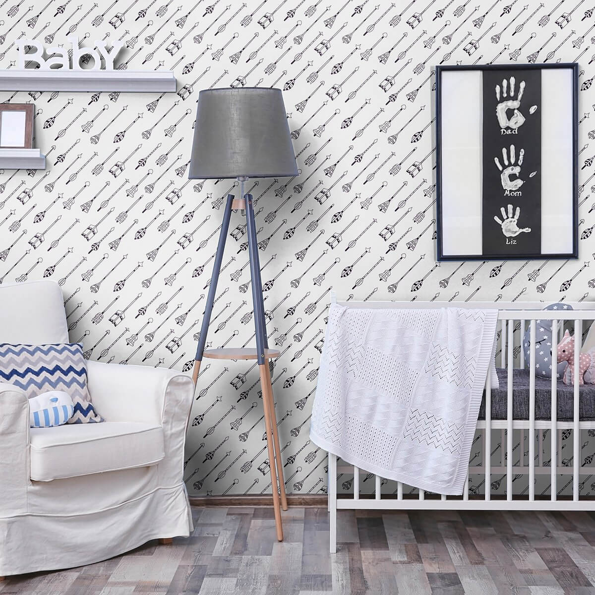 Black and White Arrows Peel and Stick Removable Wallpaper - Self-Adhesive Nursery Decor for Baby Room, Kids Bedroom & Playroom - Easy to Apply & Remove