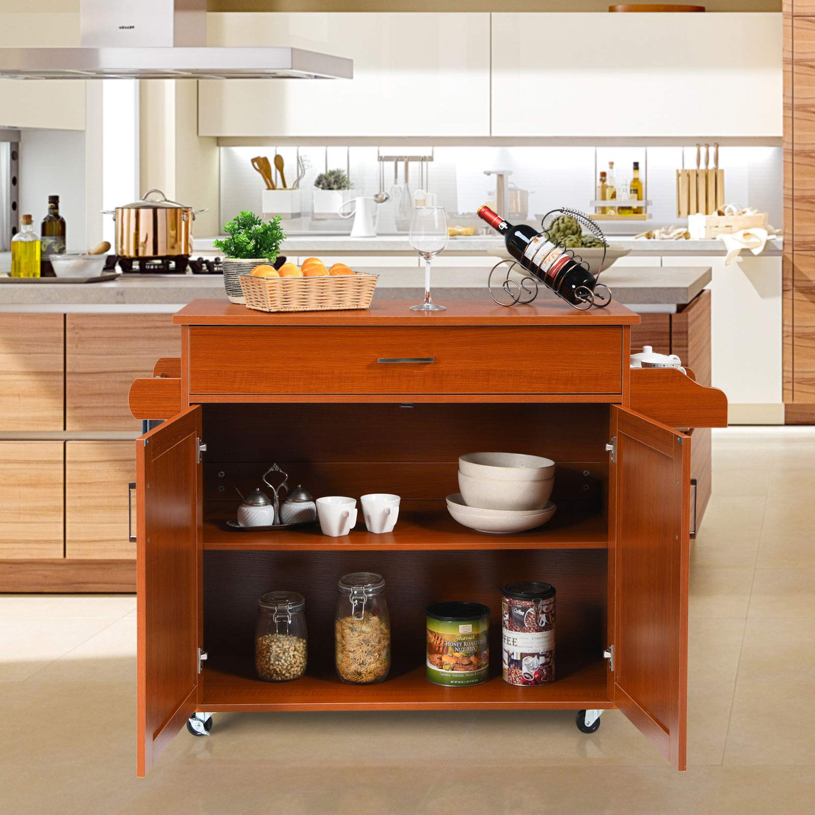 Giantex Rolling Kitchen Island Cart with Spice Rack, Towel Holder, Large Drawer & 2-Door Cabinet - Lockable Wheels, Wooden Trolley with Spacious Tabletop (Cherry) - Perfect for Small Kitchens, Food Prep, Storage & Serving