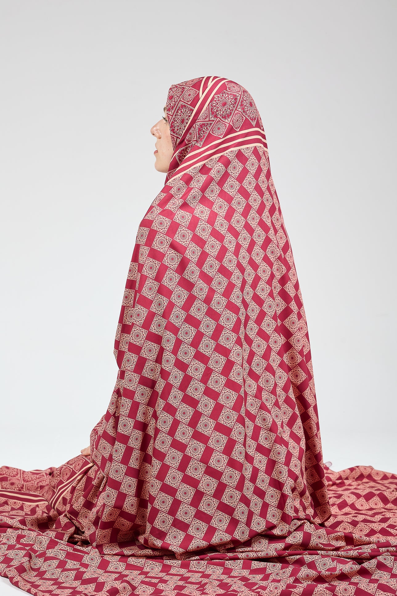 Basira Satin Prayer Gown with Geometric Floral Print - Modest Islamic Dress for Hijab Wearers - Perfect for Salah, Eid, and Special Occasions