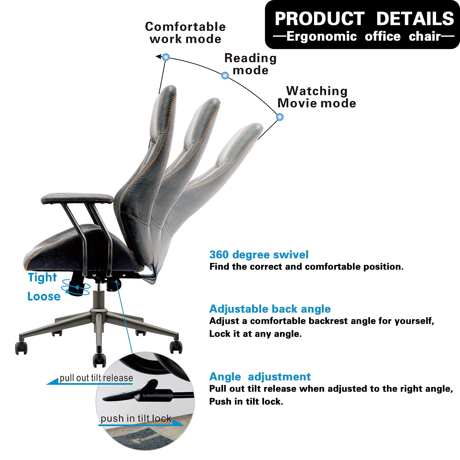 Ergonomic Office Chair - High Back Executive Computer Desk Chair with Adjustable Armrest & Lumbar Support for Home & Work (Dark Grey) - Perfect for Long Hours Sitting, Gaming & Remote Work