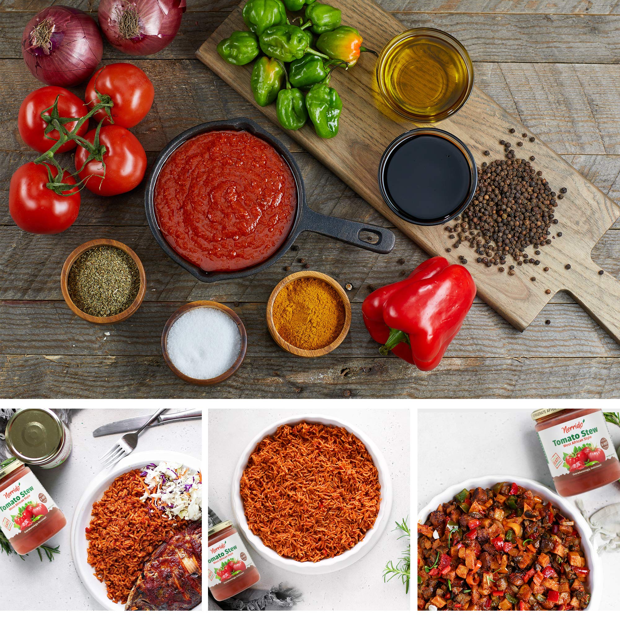 Nerrido African Style X-Hot Canned Tomato Stew & Jollof Rice Red Sauce - 16oz (454g) Spicy Pasta Sauce with Vegetables & Exotic Spices (2 Pack) - Perfect for Jollof Rice, Stews, and African Cuisine