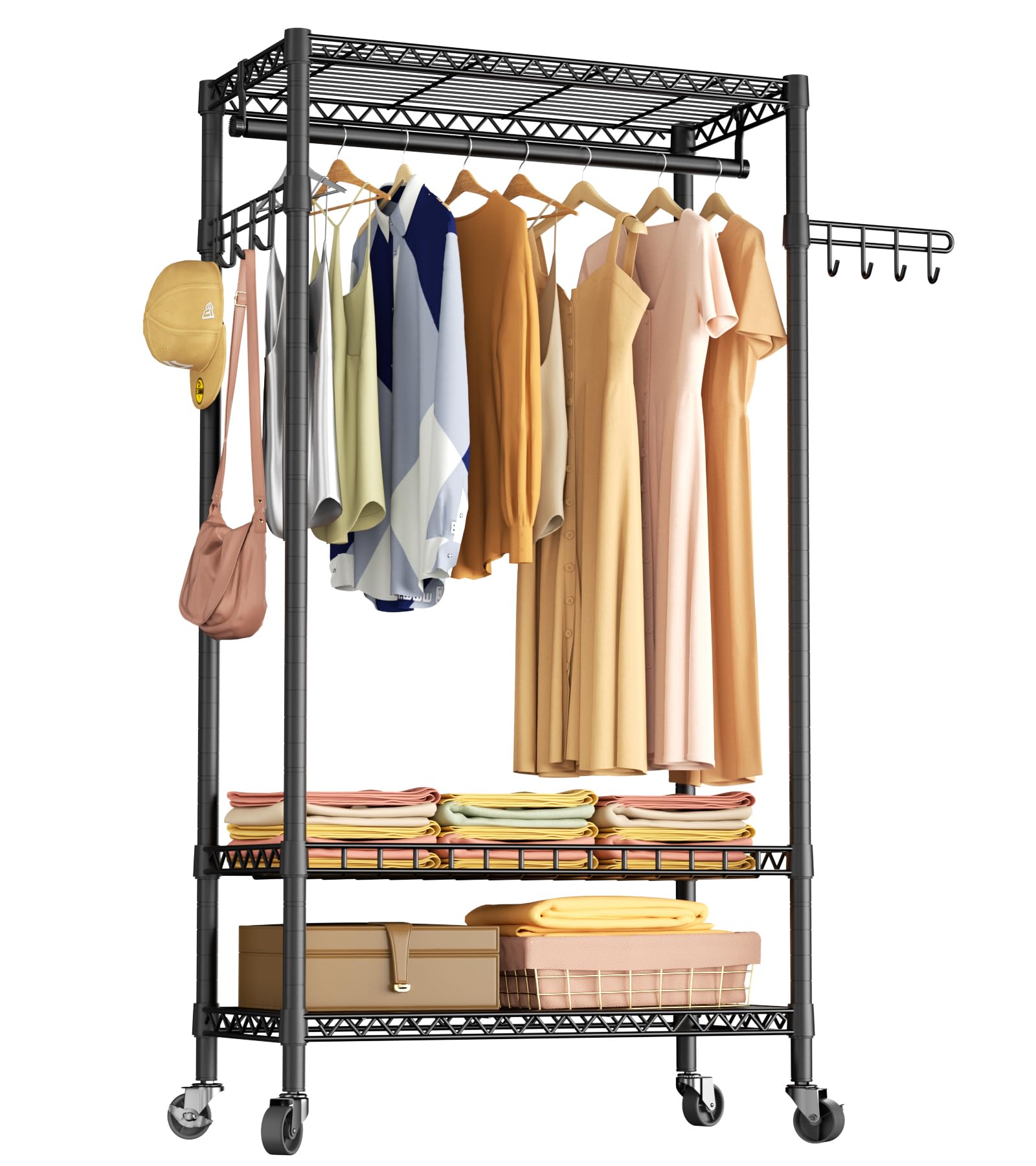 Heavy Duty Rolling Clothes Rack - 3-Tier Adjustable Wire Shelving Garment Organizer with Hanging Rod & Side Hooks | Freestanding Metal Clothing Storage for Closet, Laundry Room, or Retail Store Display