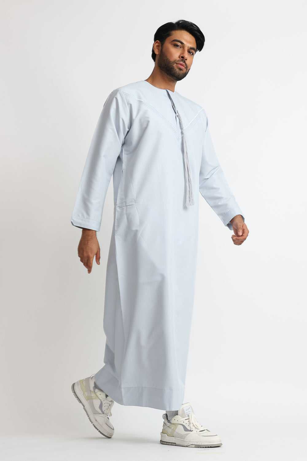 J101 Light Blue Boys Pleated Emirati Thobe - Traditional Arabic Robe for Kids - Perfect for Eid, Weddings & Special Occasions