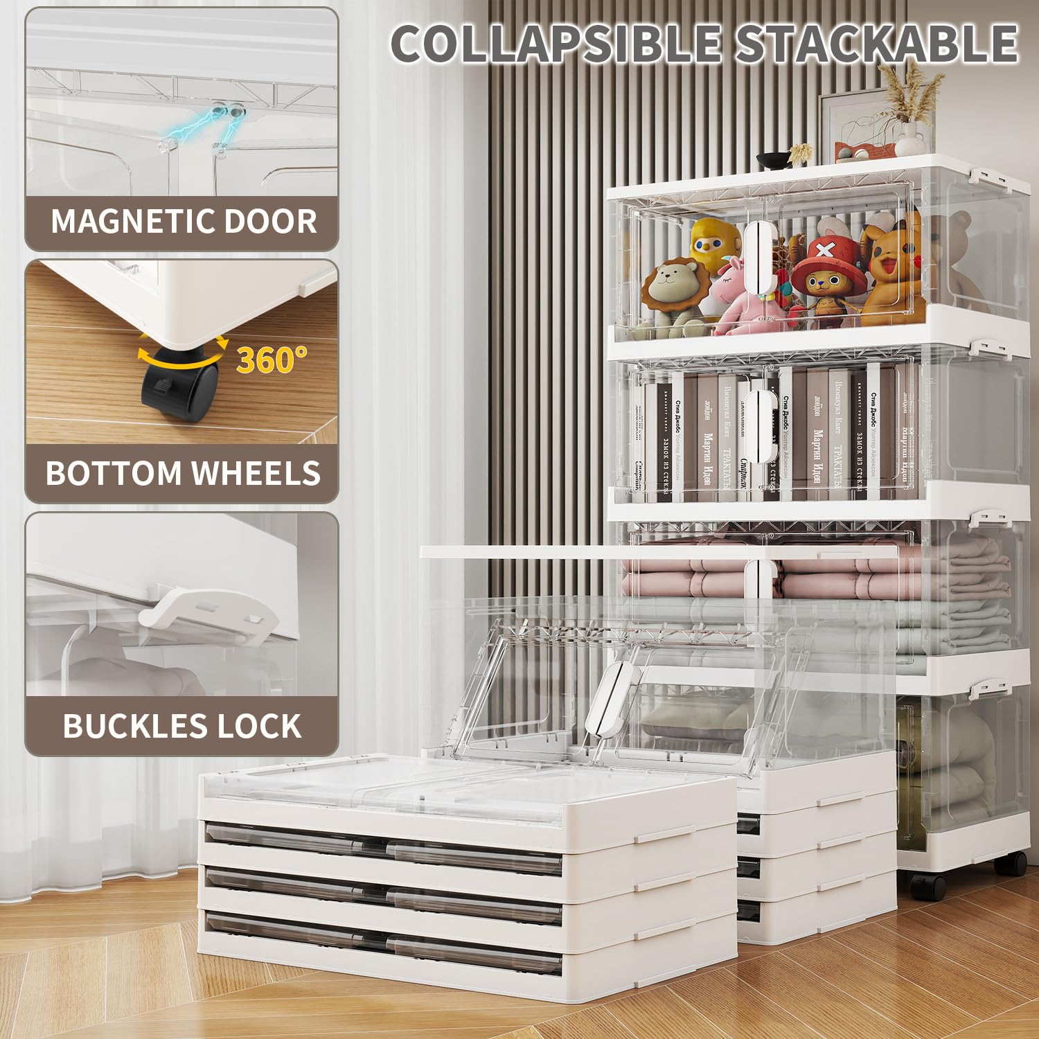 Clear 15 Gallon Collapsible Storage Bins with Lids & Wheels - 5 Pack Plastic Organizing Bins for Closet, Clothes & Home Storage | Stackable, Space-Saving Solution for Bedroom, Garage & Office Organization