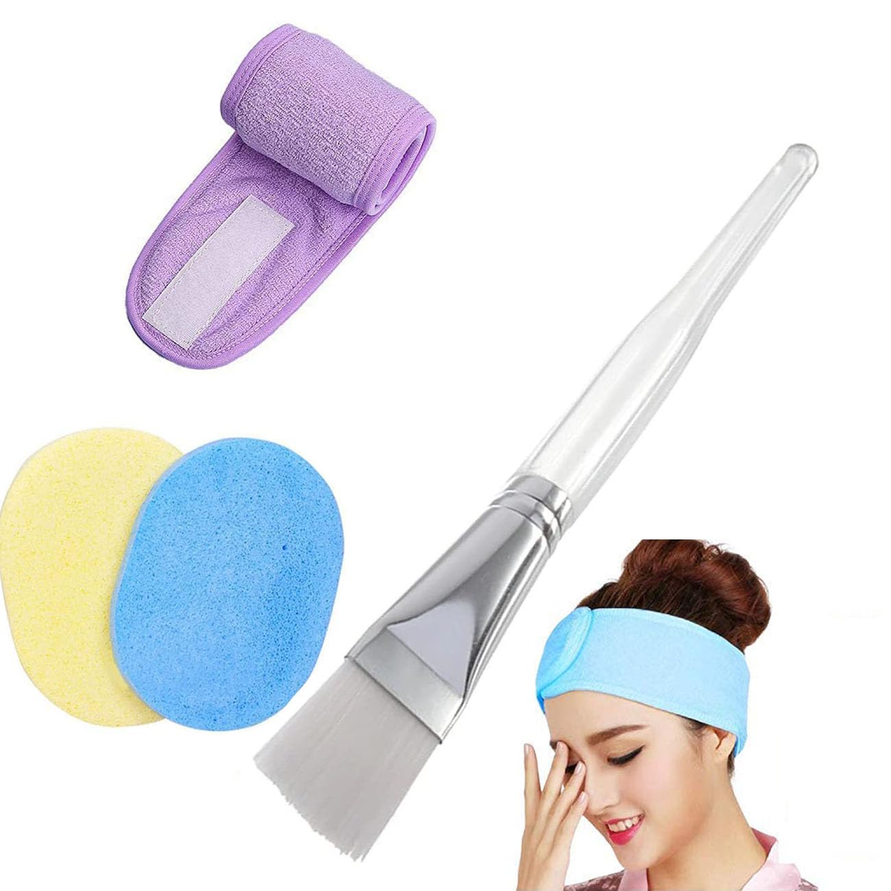 **Premium Facial Care Set - Soft Face Pack Brush, Cleansing Sponge & Adjustable Headband for Women & Men (Multi-Color) - Perfect for Spa, Skincare Routine & At-Home Beauty Treatments**