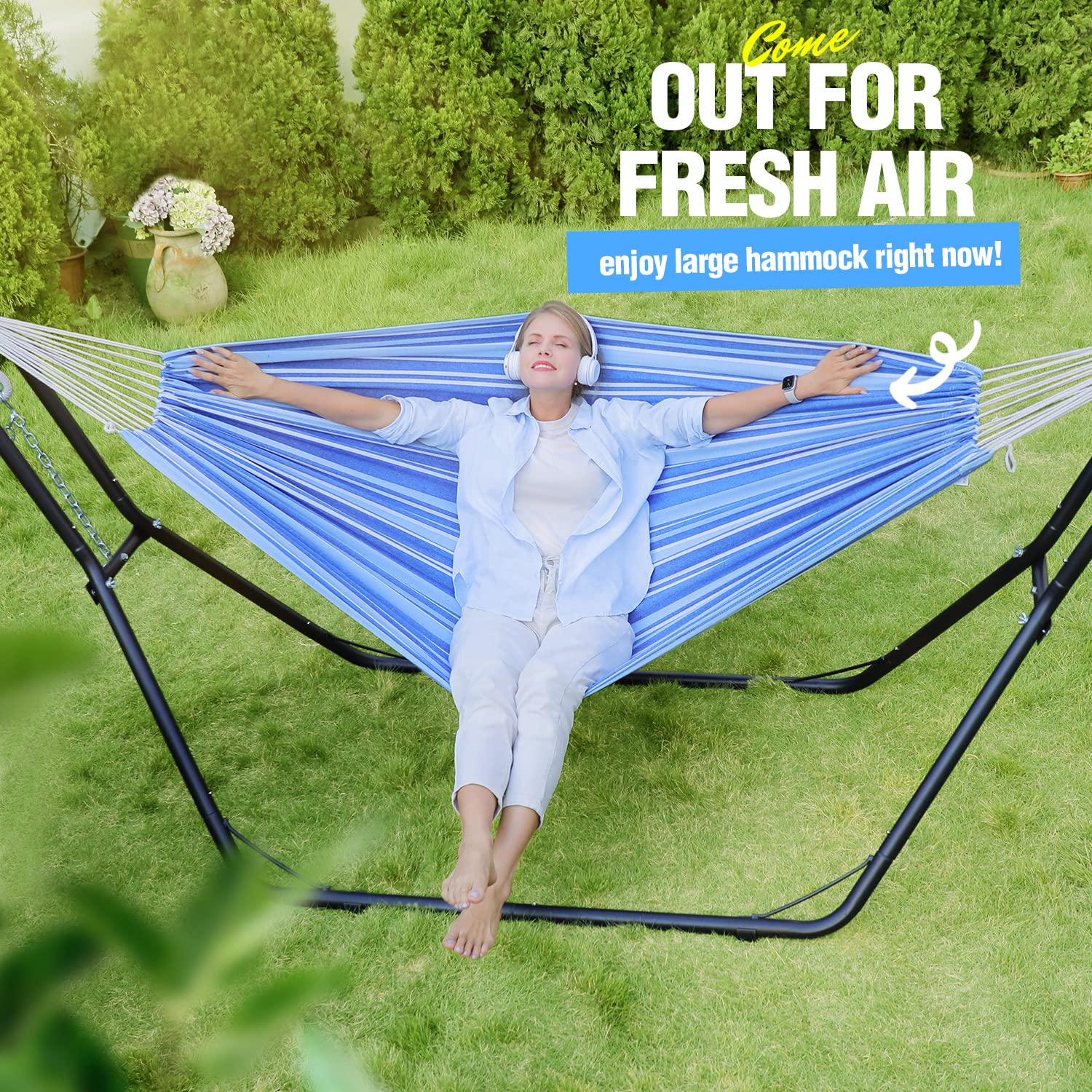 Zupapa 2 Person Hammock Stand with Hammock - Heavy Duty Steel Frame, 550 lbs Capacity - Portable for Backyard, Camping, Beach & Patio - Blue Sea Ripples Design