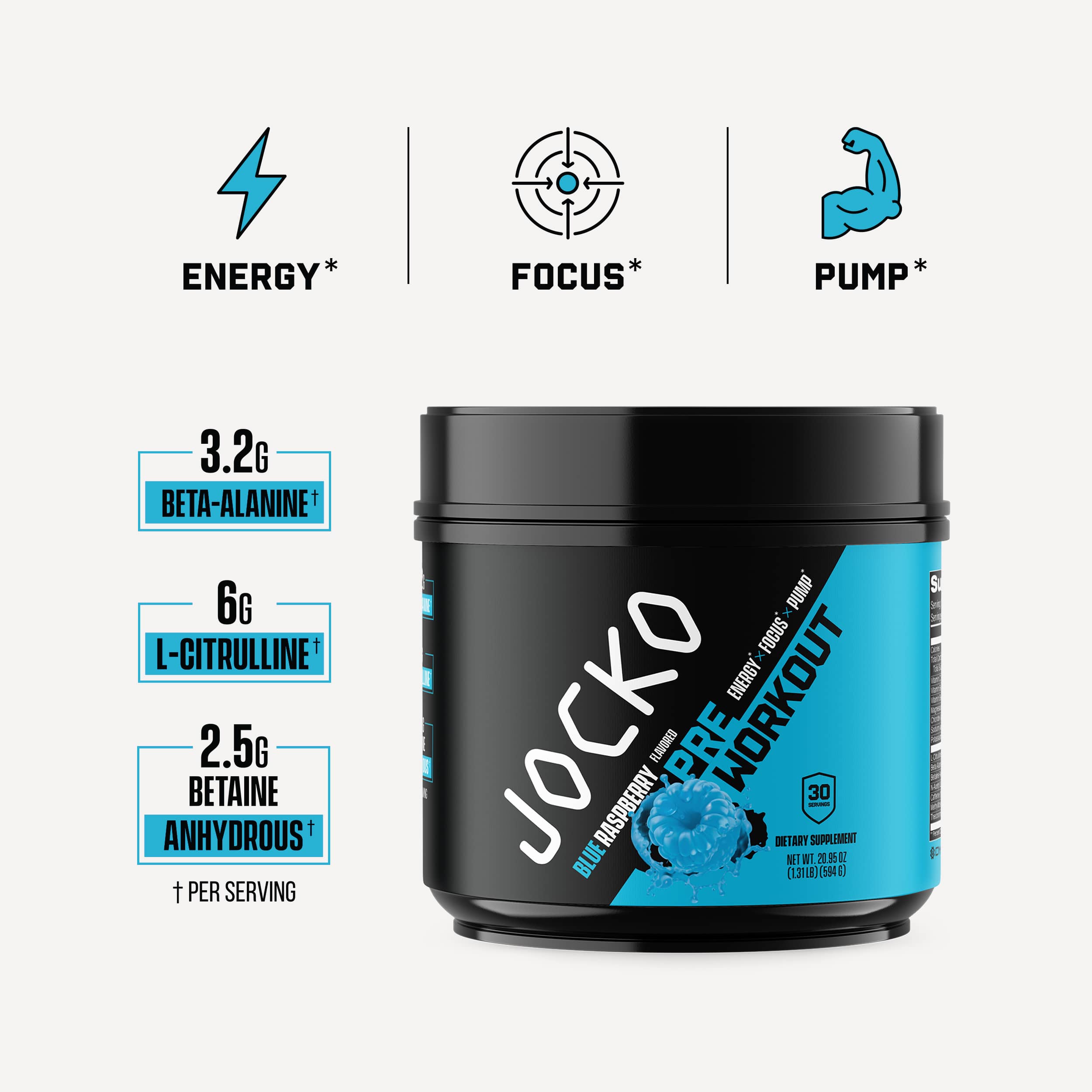 JOCKO Pre Workout Powder - Energy & Endurance Booster for Gym, Running & Fitness | Natural Performance Enhancer for Men & Women