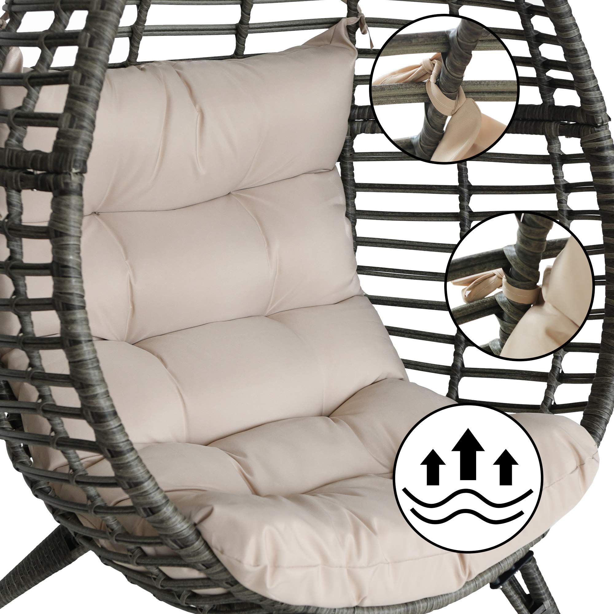 Sundale Outdoor Wicker Egg Chair with Cushion - Grey & Beige Rattan Hanging Chair for Bedroom, Patio, Garden | Indoor Teardrop Basket Chair for Relaxation & Reading Nook
