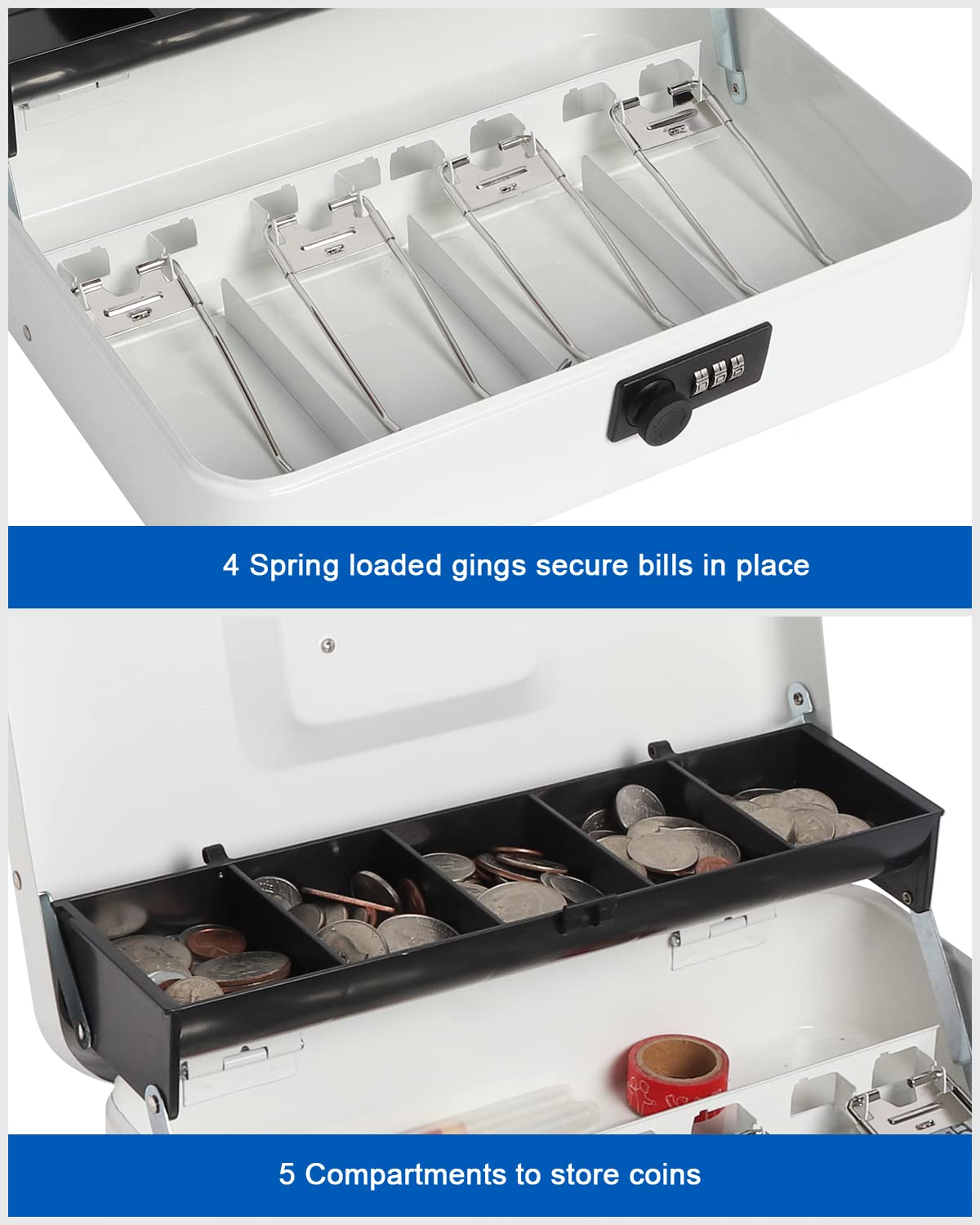 Secure Combination Lock Cash Box with Security Cable - 11.8 x 9.5 x 3.54 Inch Money Safe for Home, Office & Retail Use - White