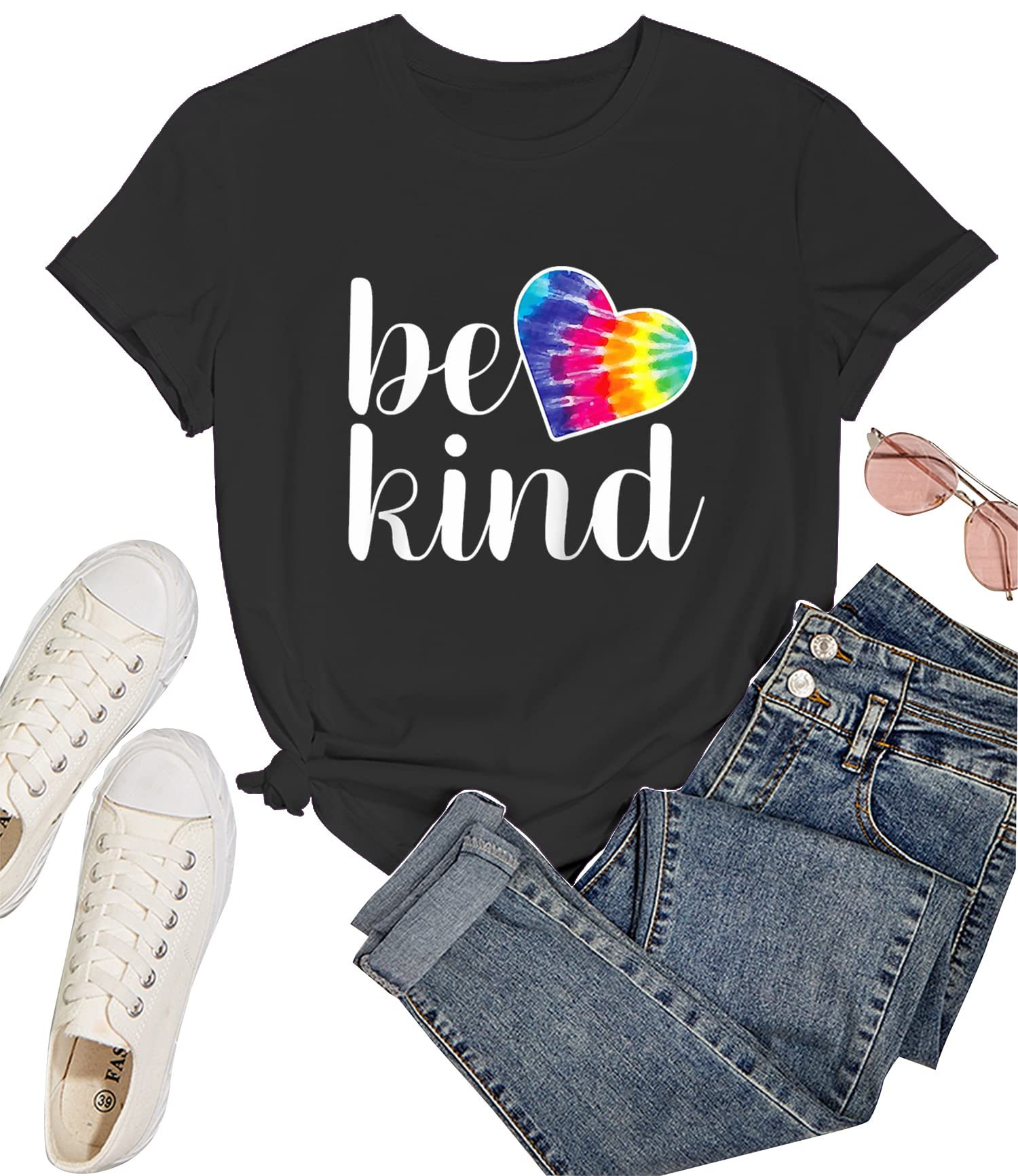 Be Kind T-Shirt for Women - Cute Rainbow Love Graphic Printed Inspirational Short Sleeve Tee - Perfect for Teachers, Casual Wear & Everyday Outfits