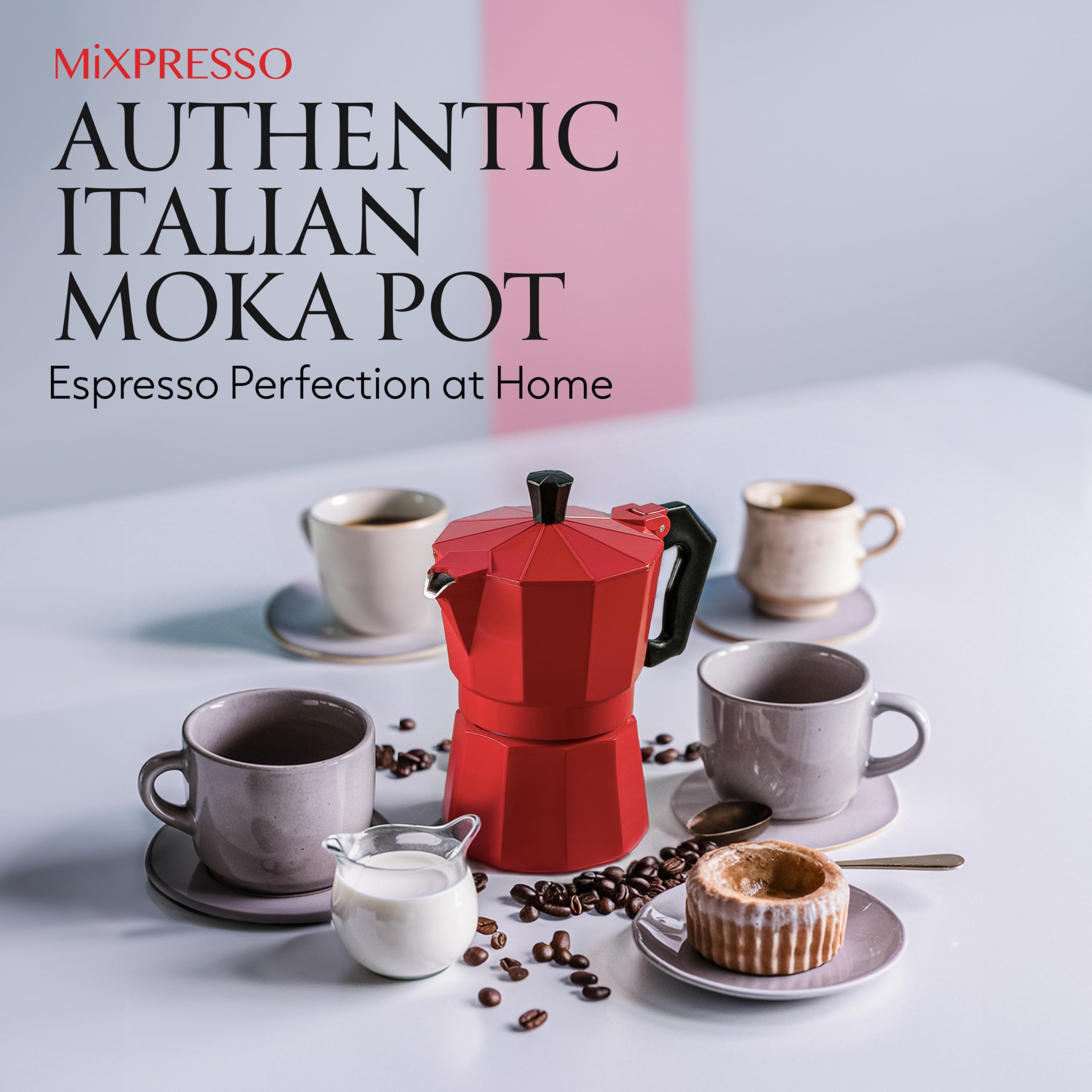 Mixpresso Aluminum Moka Stove Top Coffee Maker with 5oz Coffee Mug - Classic Italian Espresso Maker for Gas & Electric Stoves - 3 Cup Greca Moka Pot for Home, Office & Camping Use