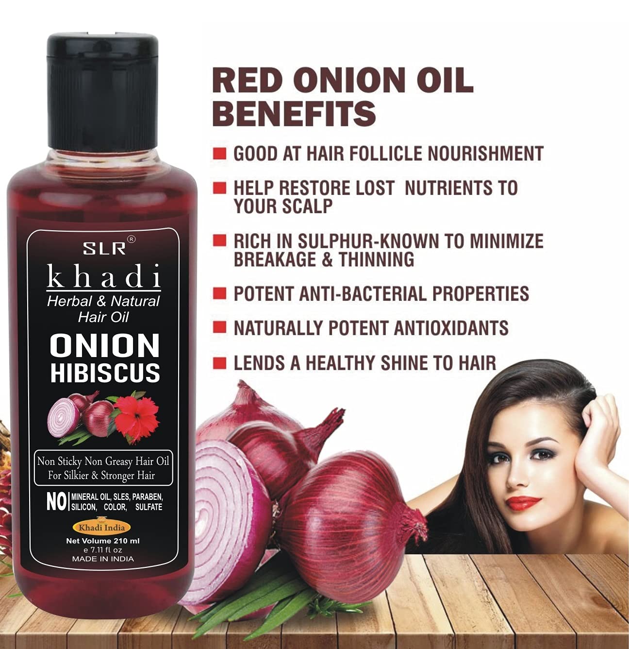 Khadi Hibiscus Onion Hair Oil for Hair Growth & Anti-Dandruff Treatment - 100% Natural, No Mineral Oil or Parabens - 210ml (Pack of 1) for Men & Women - Promotes Thicker, Healthier Hair for Daily Hair Care & Scalp Nourishment