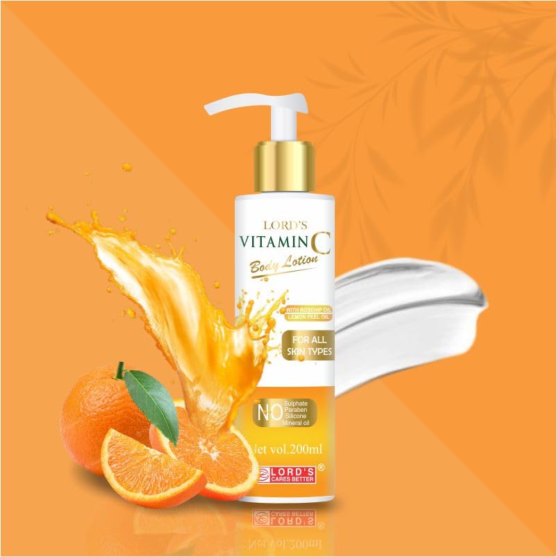 Lords Vitamin C Body Lotion with Rosehip & Lemon Peel Oil - 200ml Hydrating Moisturizer for Dry Skin - Brightening & Anti-Aging Skincare for Face & Body - Perfect for Daily Use & Night Routine