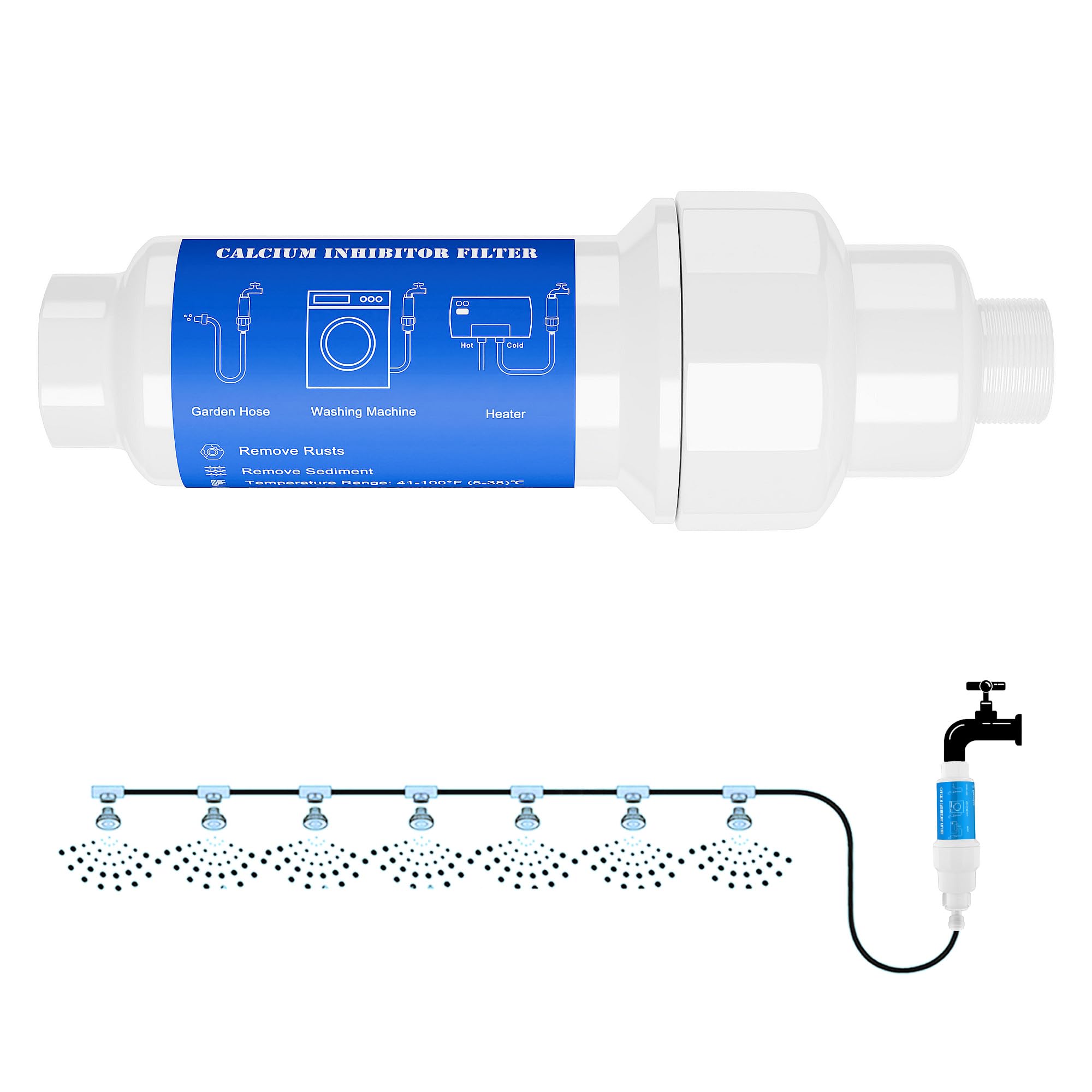 **Calcium Inhibitor Filter for Garden Hose - Anti-Scale Inline Water Filter for Outdoor Misting System | Prevents Nozzle Clogging & Softens Water | Ideal for Pets, Plants, Car Washing (1 Pack)**    *(Use Cases: Perfect for keeping misting nozzles clean, protecting plants from hard water damage, ensuring pet safety, and improving car wash results.)*