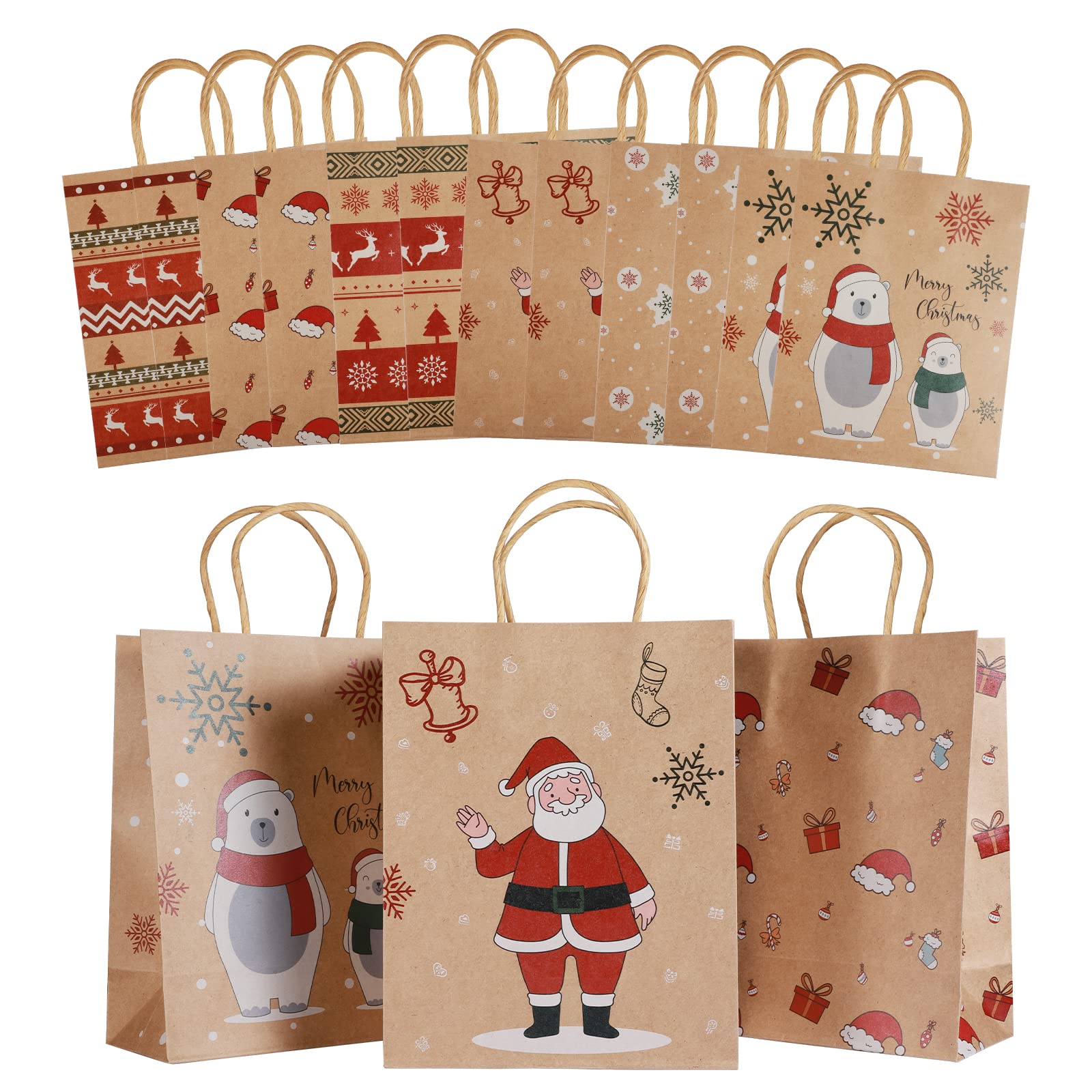 Mjokoj 24-Pack Christmas Kraft Paper Gift Bags with Handles - 8.85x7.08x3.5 Inch Holiday Party Favor Bags - 6 Festive Designs for Xmas Gifts, Party Favors & Home Decor