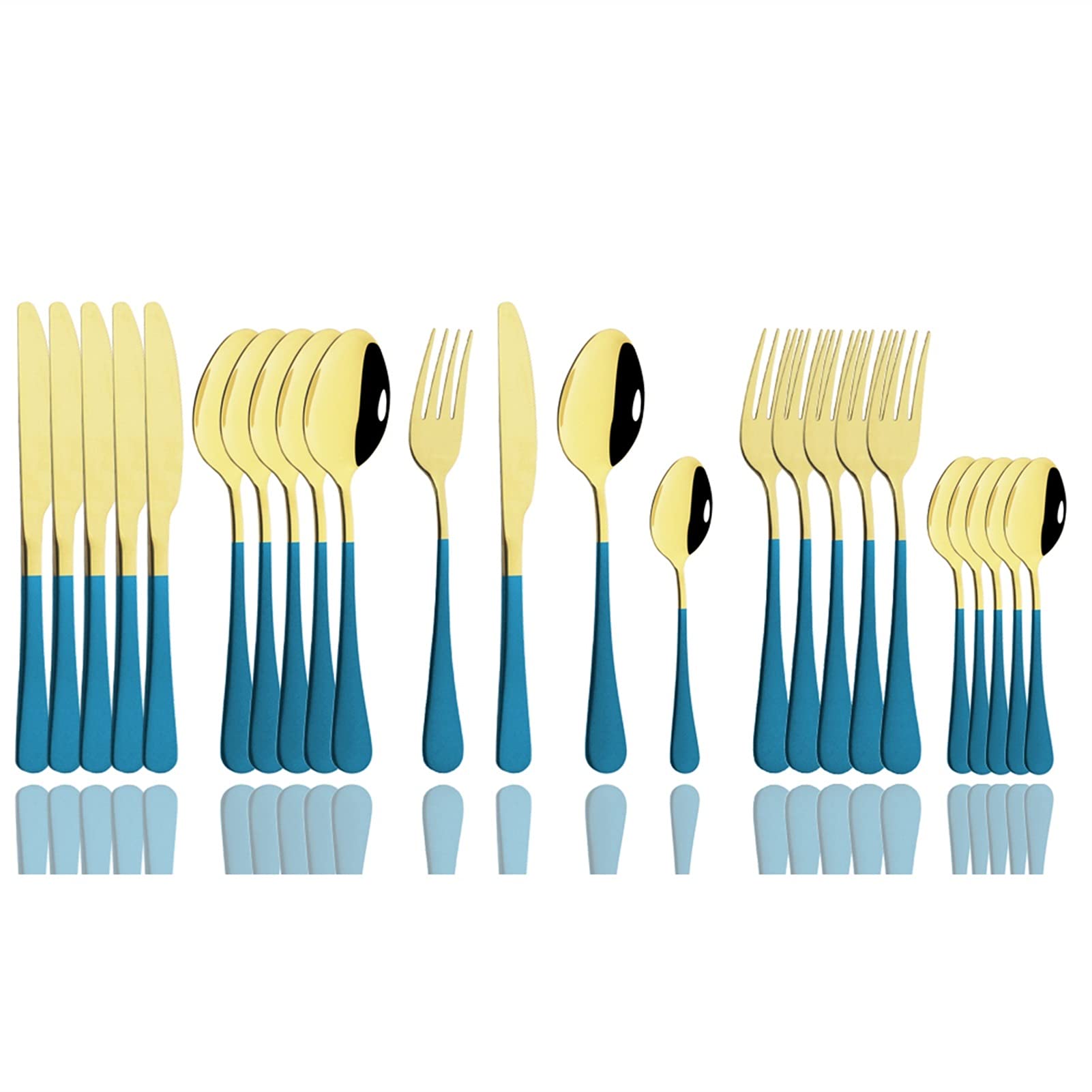 24-Piece Stainless Steel Dinnerware Set - Mirror Polished Cutlery in White Gold Finish | Includes Knives, Forks & Teaspoons | Elegant Blue Gold Tableware for Home Dining, Parties & Restaurant Use