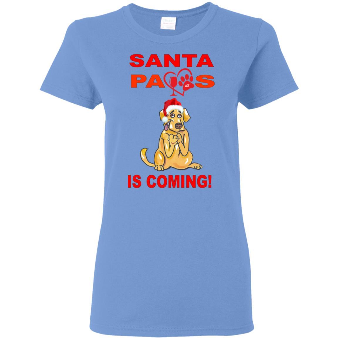 Santa Paws Is Coming - Funny Christmas Dog Lovers T-Shirt for Women - 5.3 oz Soft Cotton Tee - Perfect for Holiday Parties & Pet Owner Gifts