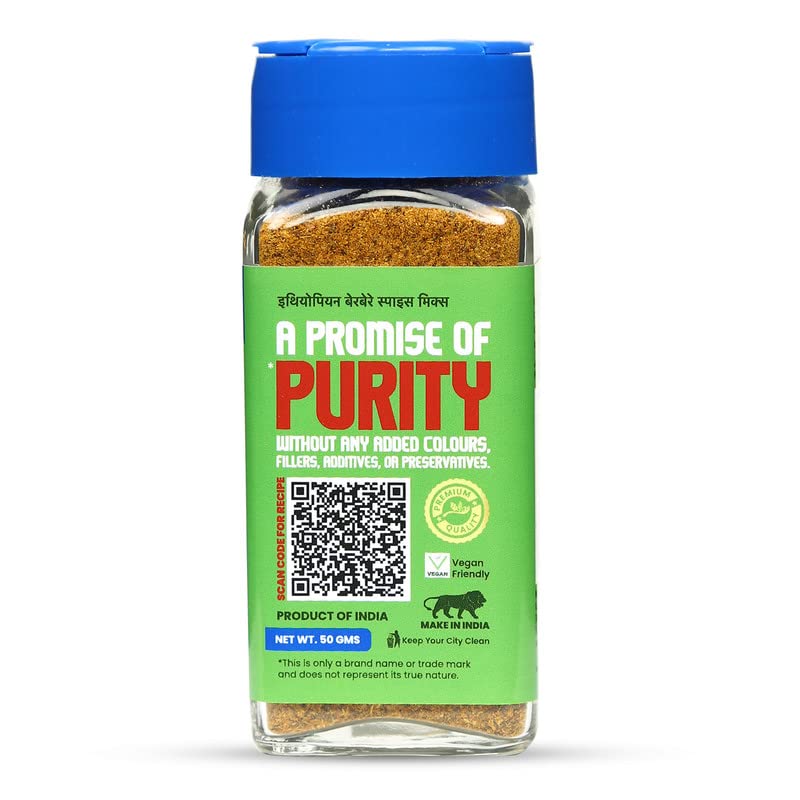 Ethiopian Berbere Spice Mix - Authentic Vegan Curry Powder | No Onion, No Garlic | All-Natural, No Additives or Preservatives | 50g | Perfect for Vegan Stews, Lentil Dishes & African Cuisine