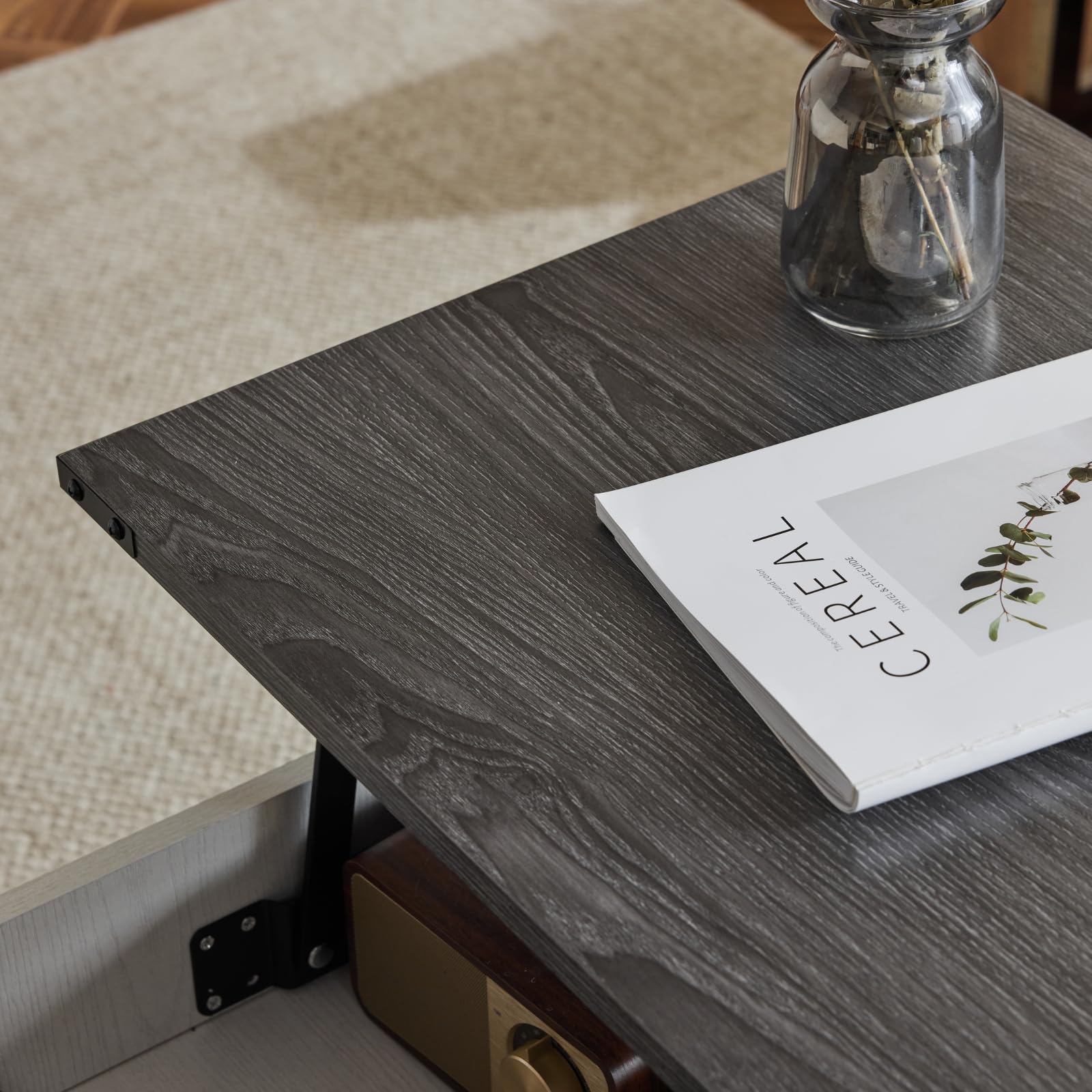 VINGLI Lift Top Coffee Table with Storage Shelf - Farmhouse Cross-Sided Design, Charcoal Top & White Frame, Hidden Compartment, Gas Lift Mechanism - Perfect for Living Room, Office, or Small Space Organization