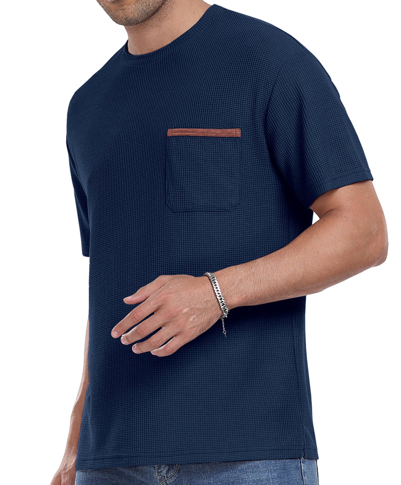 Men's Casual Short Sleeve Crew Neck T-Shirt - Soft Summer Tee with Waffle Texture & Pocket - Perfect for Beach, Travel & Everyday Wear