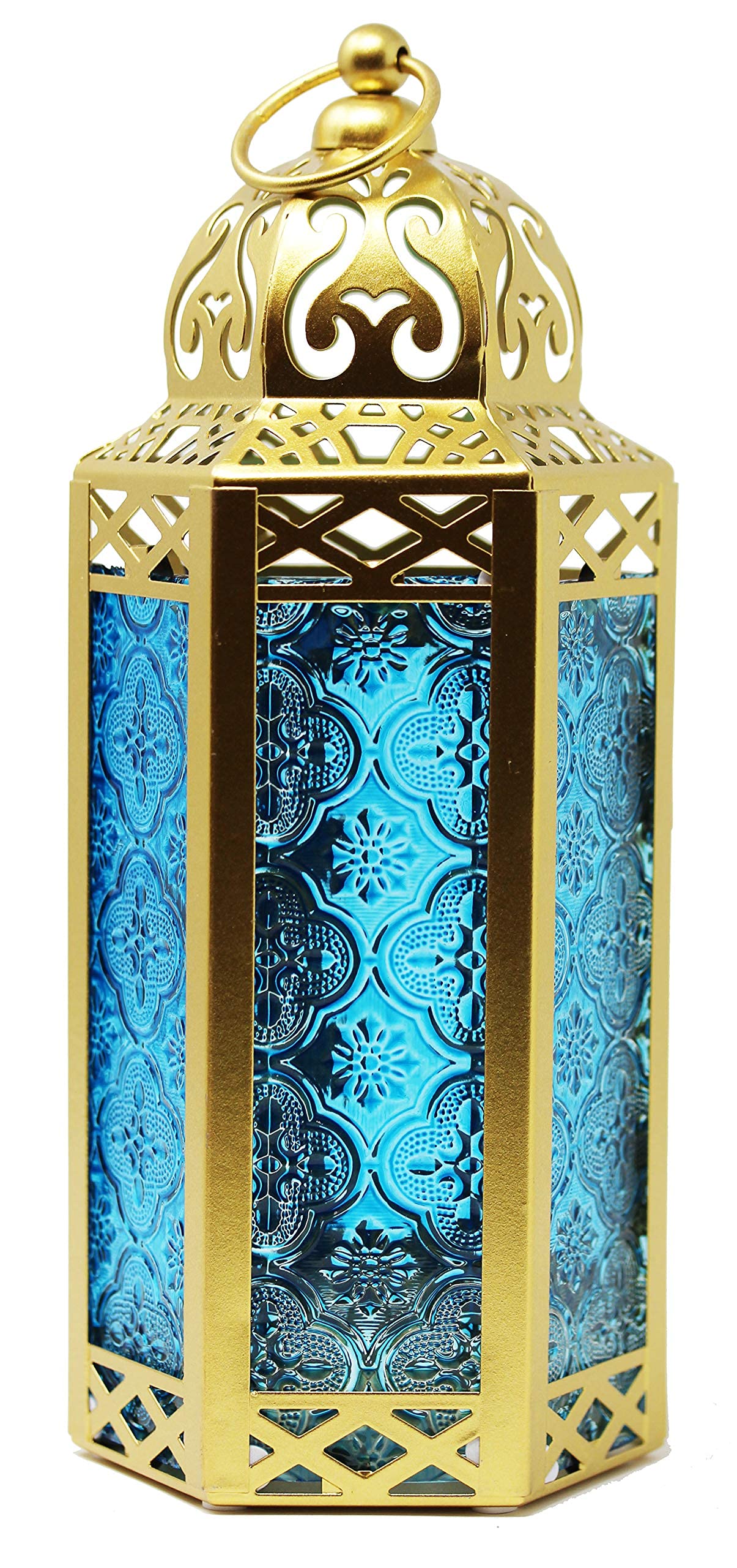 Gold Moroccan Candle Lantern - Decorative VELA Lanterns for Table or Hanging | Ramadan Decor, Indoor Home Decor, Outdoor Patio Lighting | Perfect for Weddings, Parties & Boho Decor with Blue Glass - Medium Size