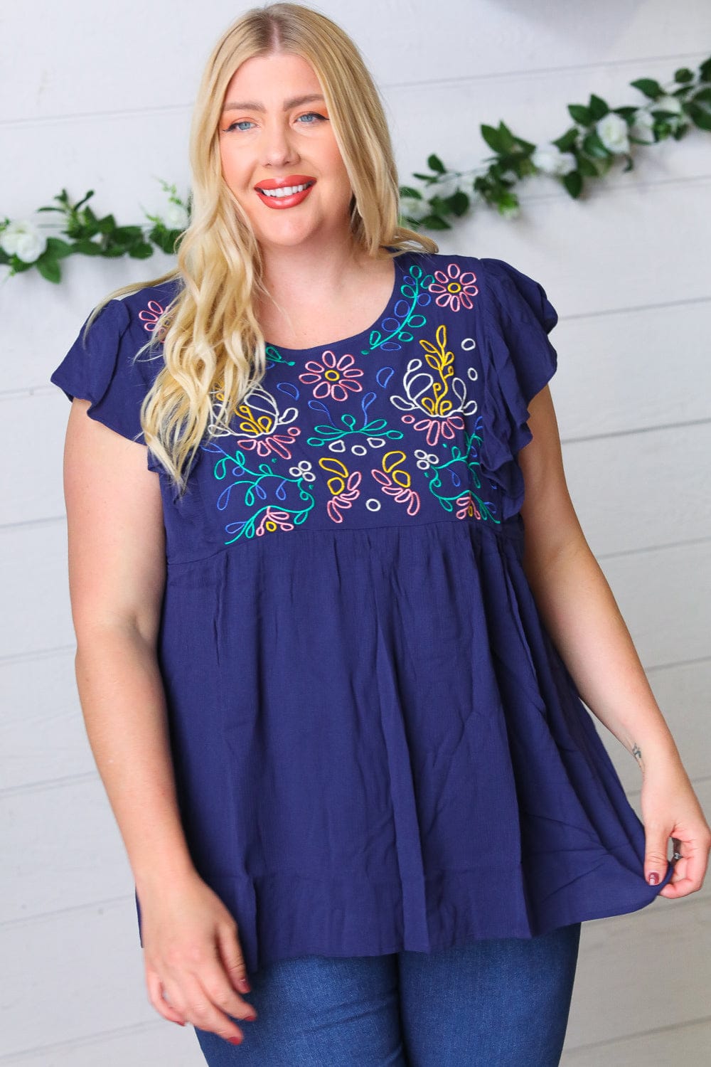 Navy Blue Floral Embroidered Flutter Sleeve Blouse for Women - Elegant Boho Chic Tunic Top for Casual Wear, Date Night & Summer Outfits