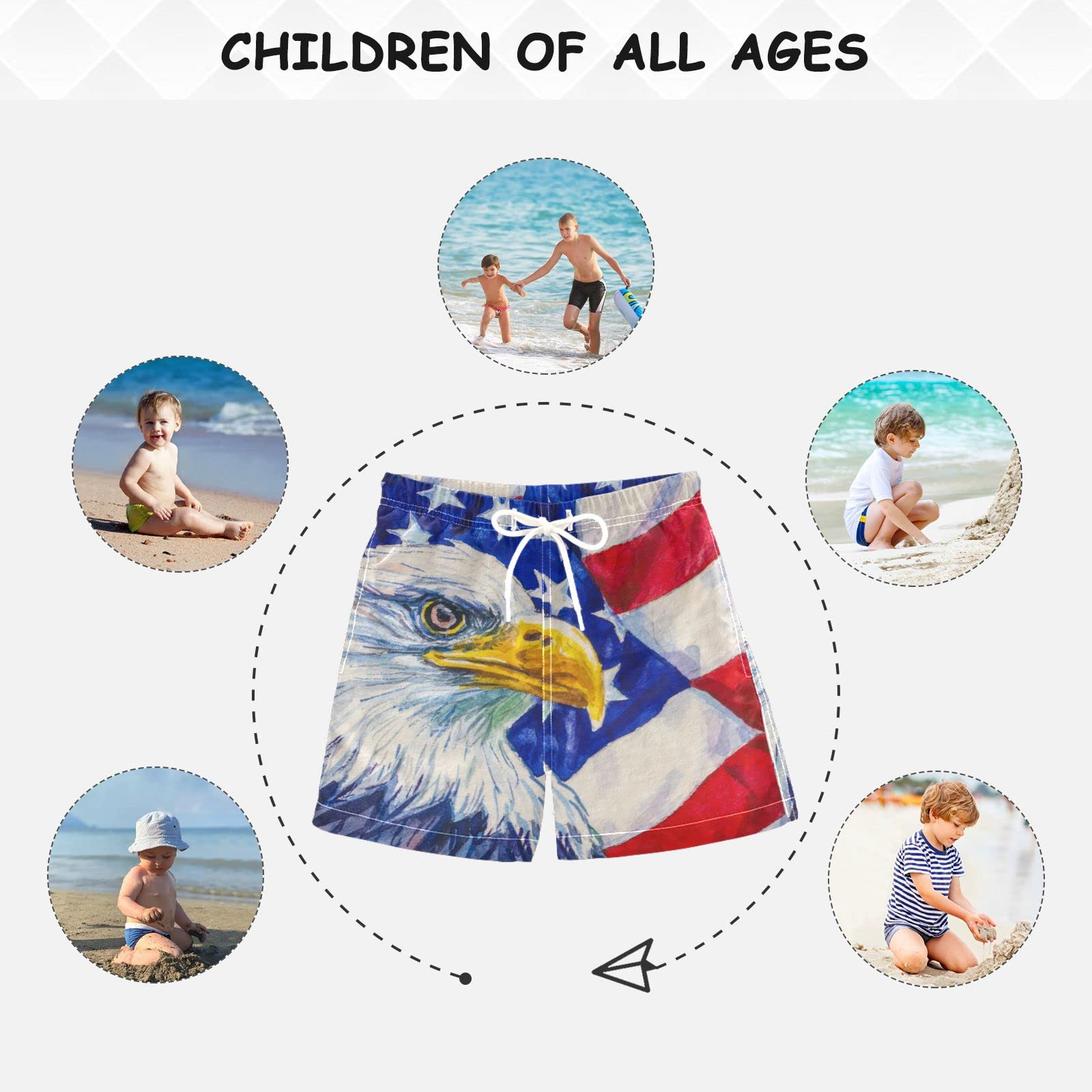 Eagle American Flag Boys Swim Trunks - Quick Dry Toddler & Kids Bathing Suits (2T-16) with Adjustable Waist - Patriotic Red Swim Shorts for Beach, Pool & Summer Water Activities