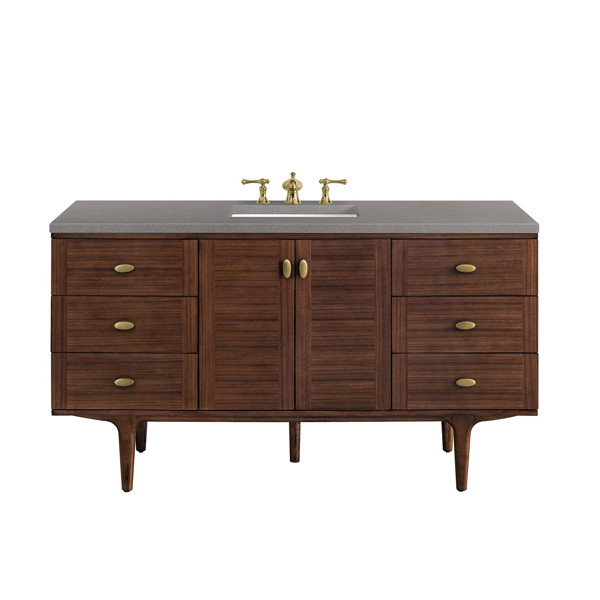 Amberly 60 Inch Single Bathroom Vanity - Mid Century Modern Walnut Finish with 3CM Grey Expo Top - Perfect for Small Bathrooms & Powder Rooms