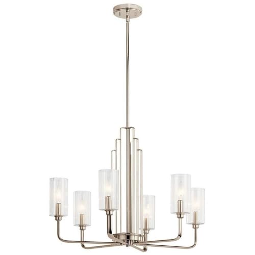 Kichler Kimrose 6-Light Chandelier with Clear Fluted Glass in Polished Nickel & Satin Nickel - Elegant Dining Room Lighting for Home Decor