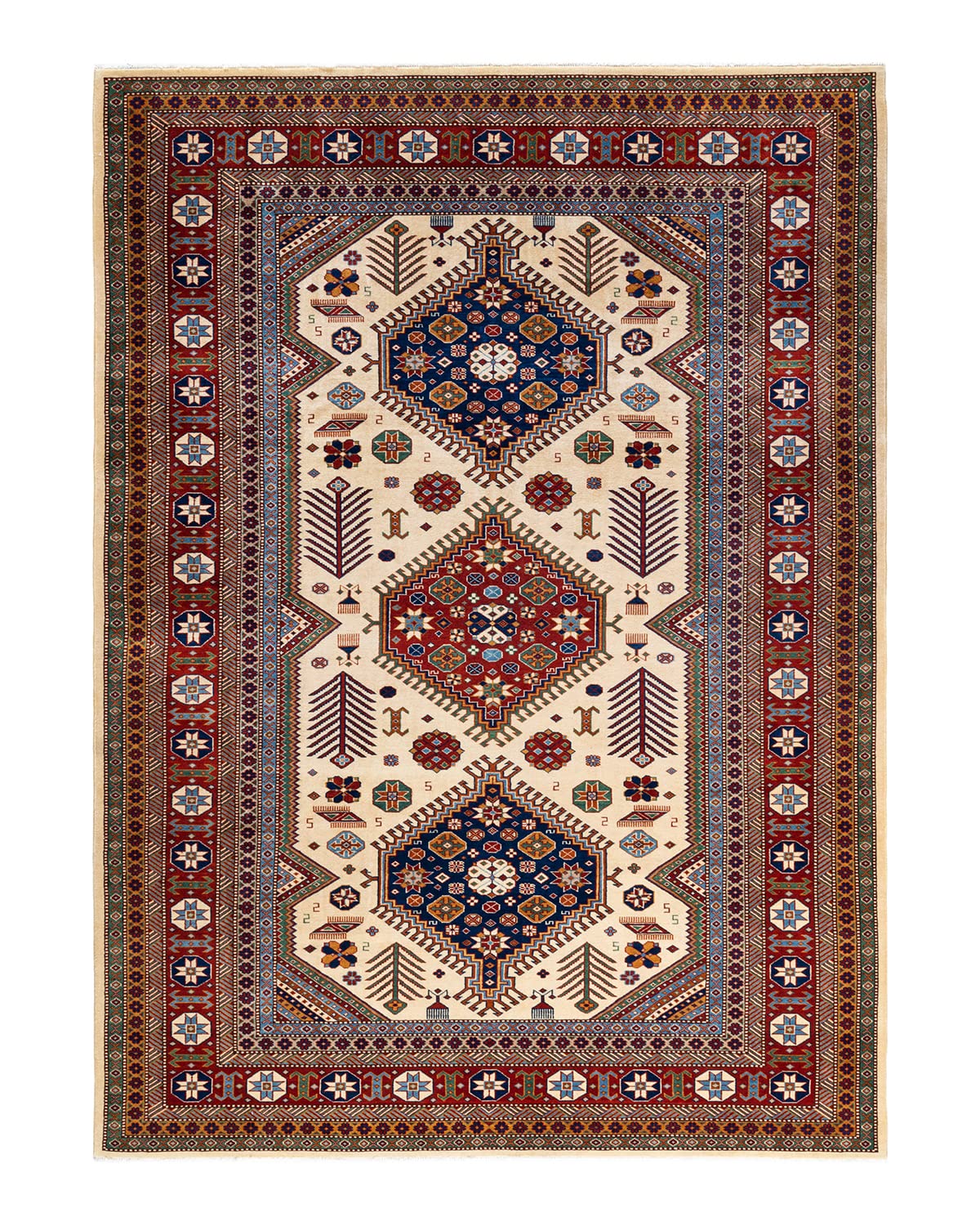 Handmade Bohemian Wool Area Rug 8x10 - Unique Hand-Knotted Tribal Ivory Rug for Living Room, Bedroom & Boho Decor