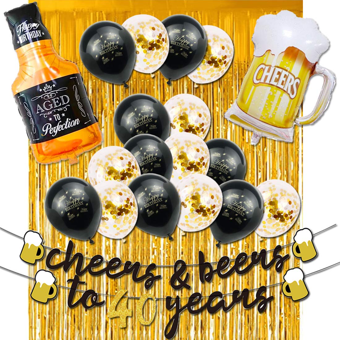 Black & Gold 40th Birthday Party Decorations for Men - Cheers to 40 Years Banner, Beer Mug Balloons, Confetti & Fringe Backdrop - Perfect for 40th Anniversary Celebrations, Beer Themed Parties & Milestone Birthday Decor