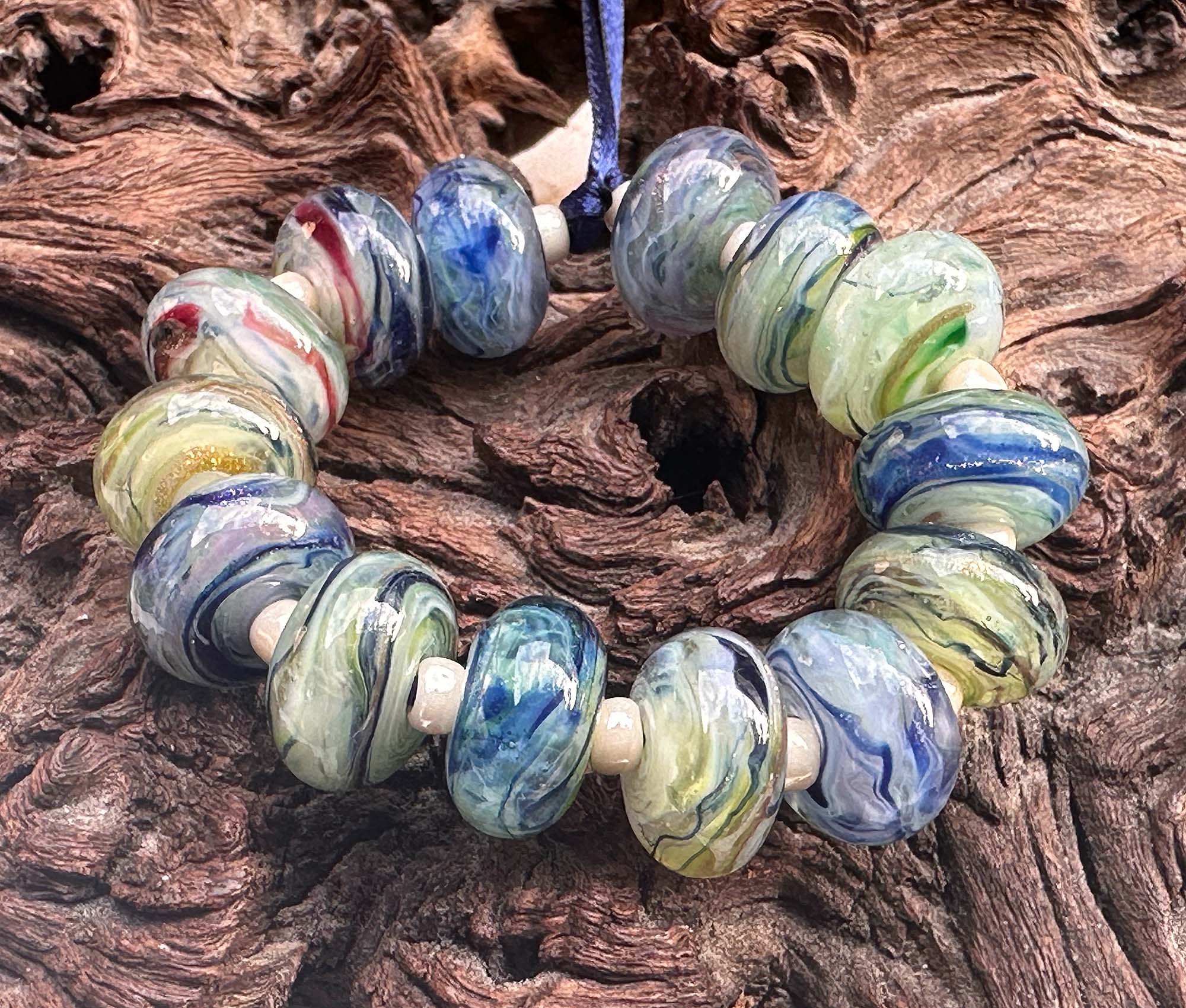 Handmade Green and Blue Swirl Glass Lampwork Beads Set - SRA Certified - Perfect for Jewelry Making, DIY Crafts, and Beading Projects