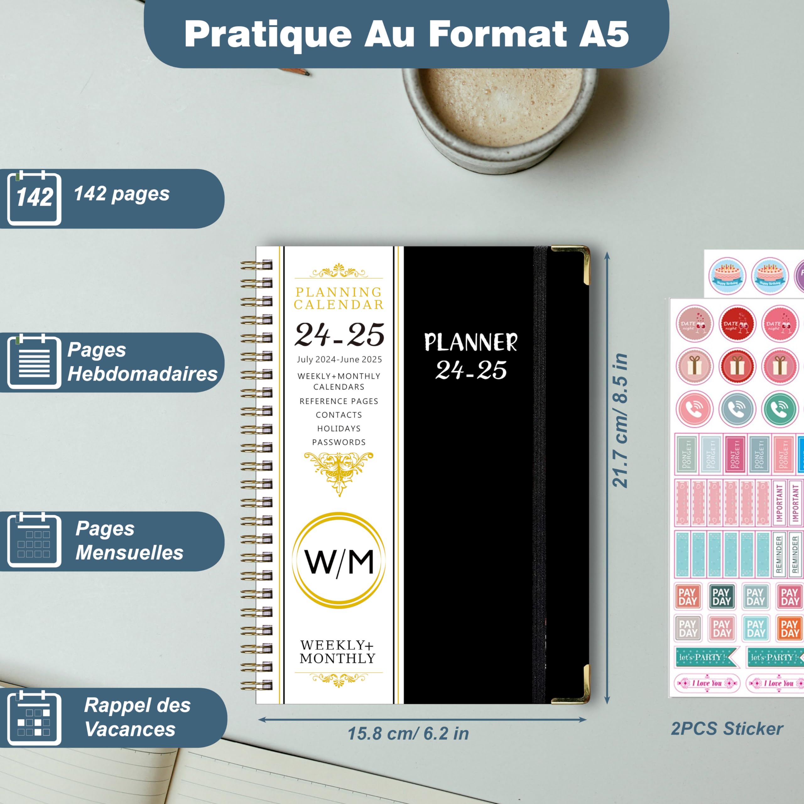 2024-2025 Spiral Weekly Planner - A5 Academic School Planner July 2024 to June 2025 (12 Months) with Stickers & Foldable Storage Pouch, Perfect for Students, Teachers & Office Organization (Black 24-25)