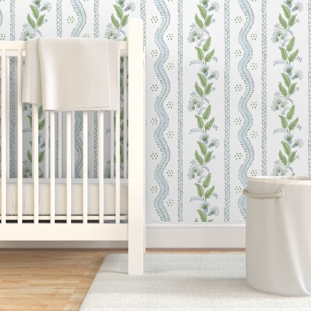 Peel & Stick Removable Wallpaper 3ft x 2ft - Soft Blue Green White Stripes with Floral Dots | Traditional Custom Wall Decal for Bedroom, Nursery & Home Office Decor