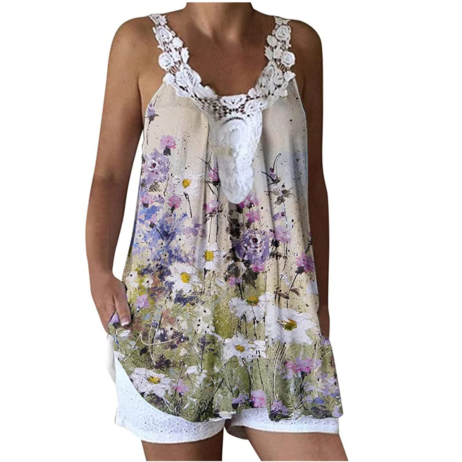 Vintage Printed Lace Tank Tops for Women - Sleeveless Crewneck Blouse, Summer Beach Vest, Casual Wear & Vacation Outfits