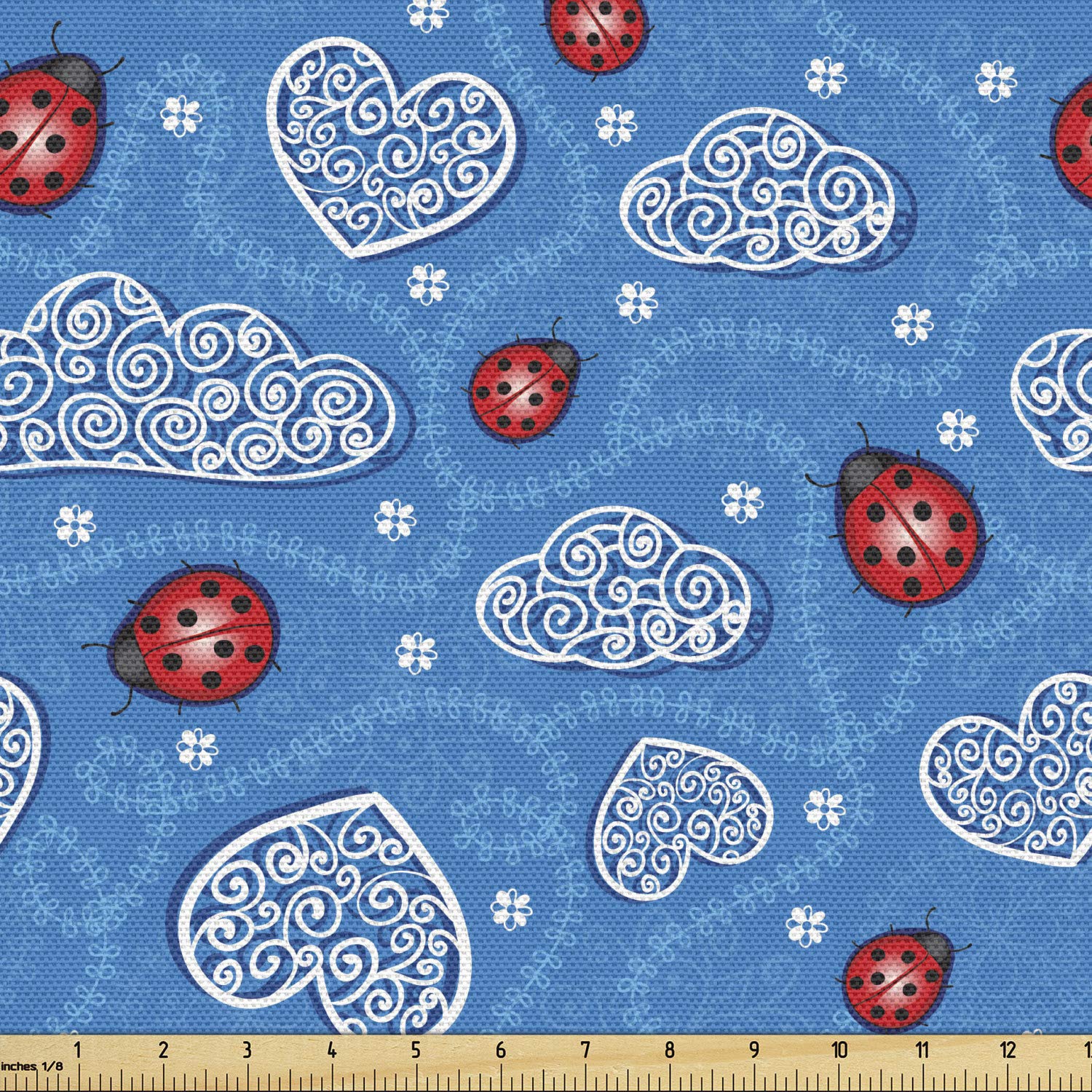 Ambesonne Ladybugs Fabric by The Yard - Ladybug & Ornate Clouds Design for Upholstery, Curtains, Pillows | Decorative Home Fabric in Red & Blue | 10 Yards | Perfect for DIY Crafts, Home Decor & Sewing Projects