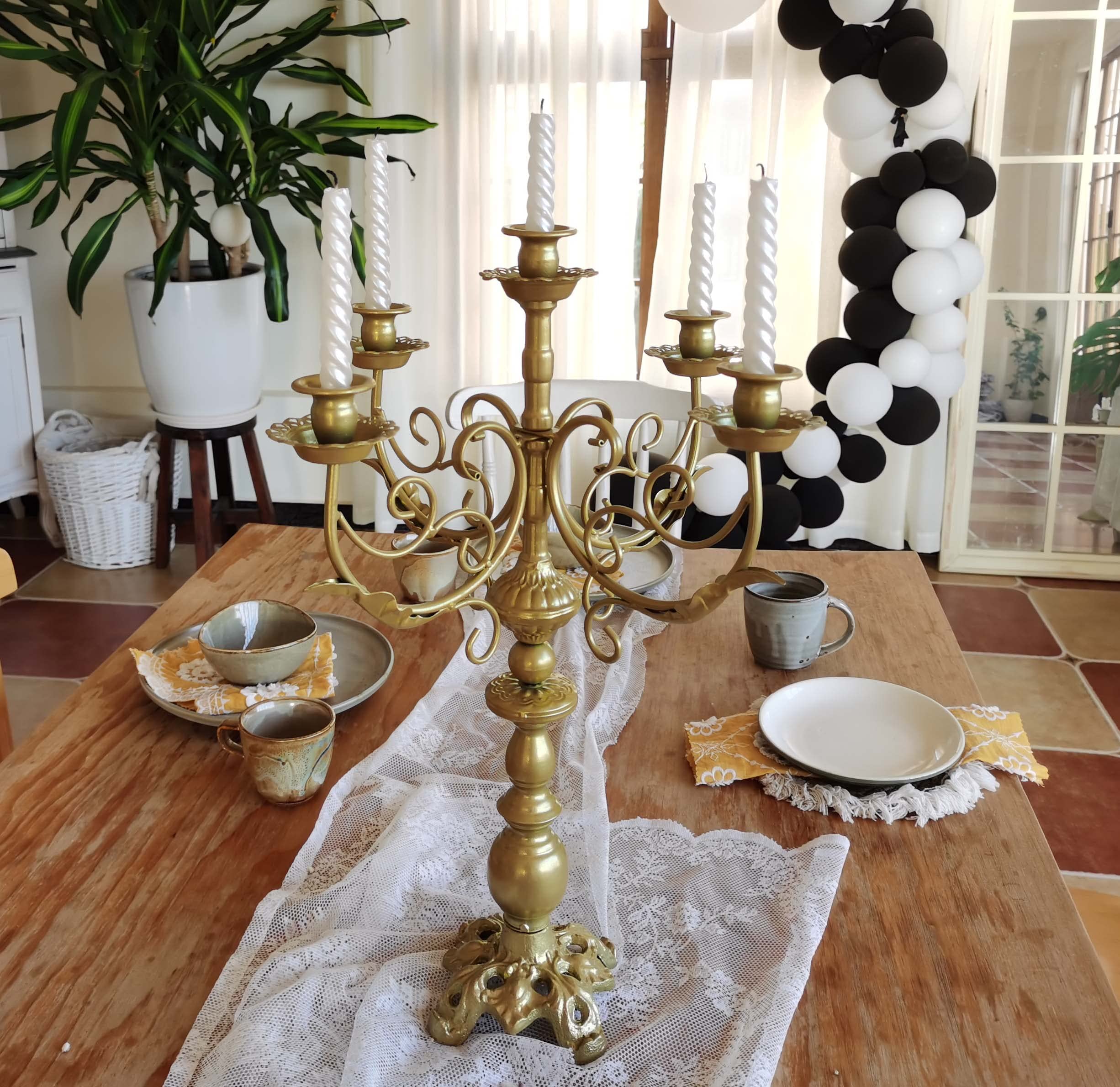 5-Arm Gold Metal Candelabra - 17 Inch Tall Taper Candle Holder for 1/2 to 1 Inch Candles | Elegant Centerpiece for Dining Table, Wedding Decor & Romantic Home Lighting
