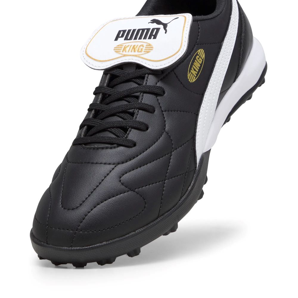 Puma King Top TT Turf Football Shoes for Men - Black/White/Gold - Soccer Cleats for Artificial Grass - Perfect for Training & Matches